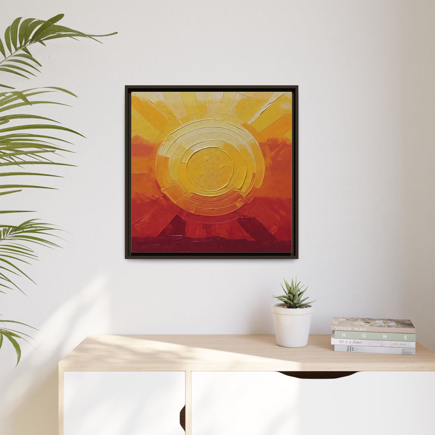 Sunburst Abstract Framed Canvas Art — Matte Multi‑Color Wall Print
