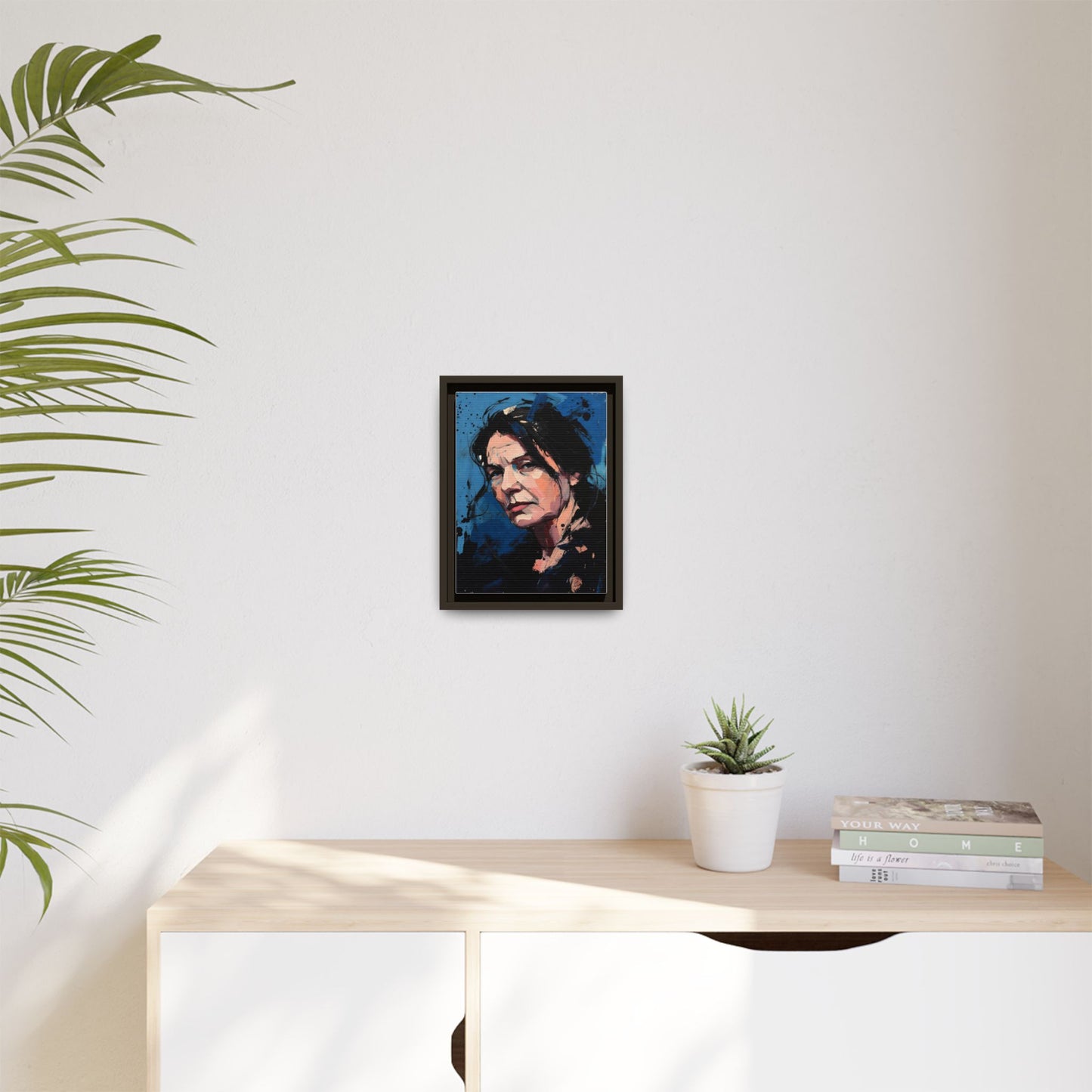 Framed Matte Canvas Portrait — Expressive Blue Painterly Woman Art