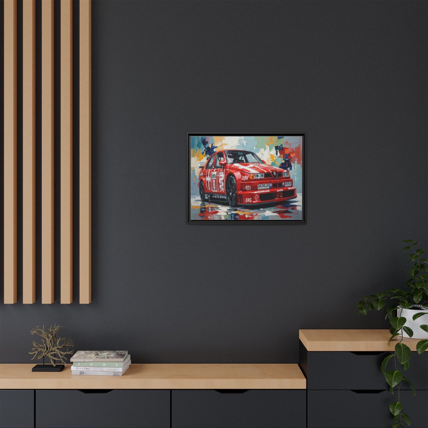 Framed Racing Car Canvas Print — Red Alfa Romeo Track Art