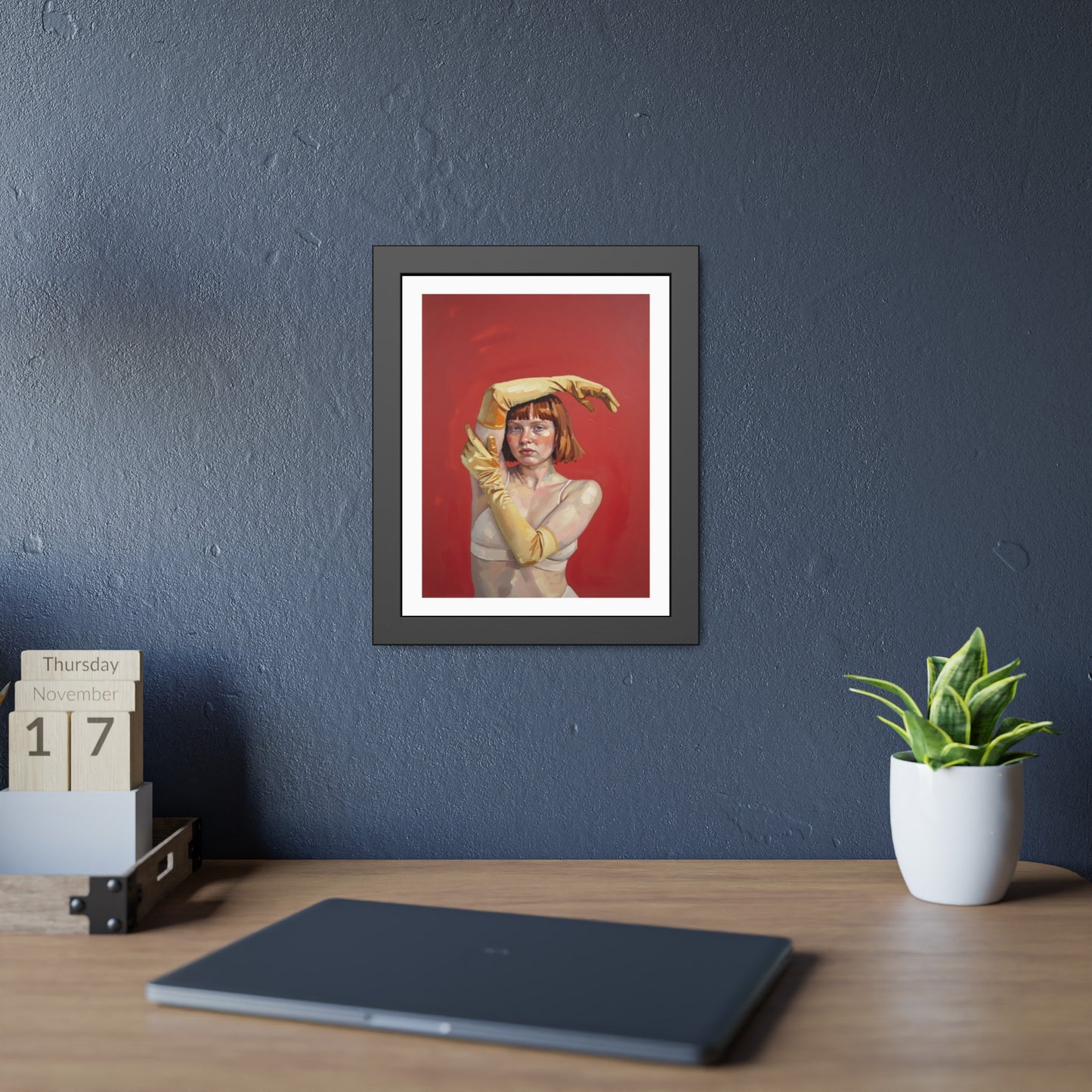 Framed Art Print — Retro Portrait with Yellow Gloves on Red Background