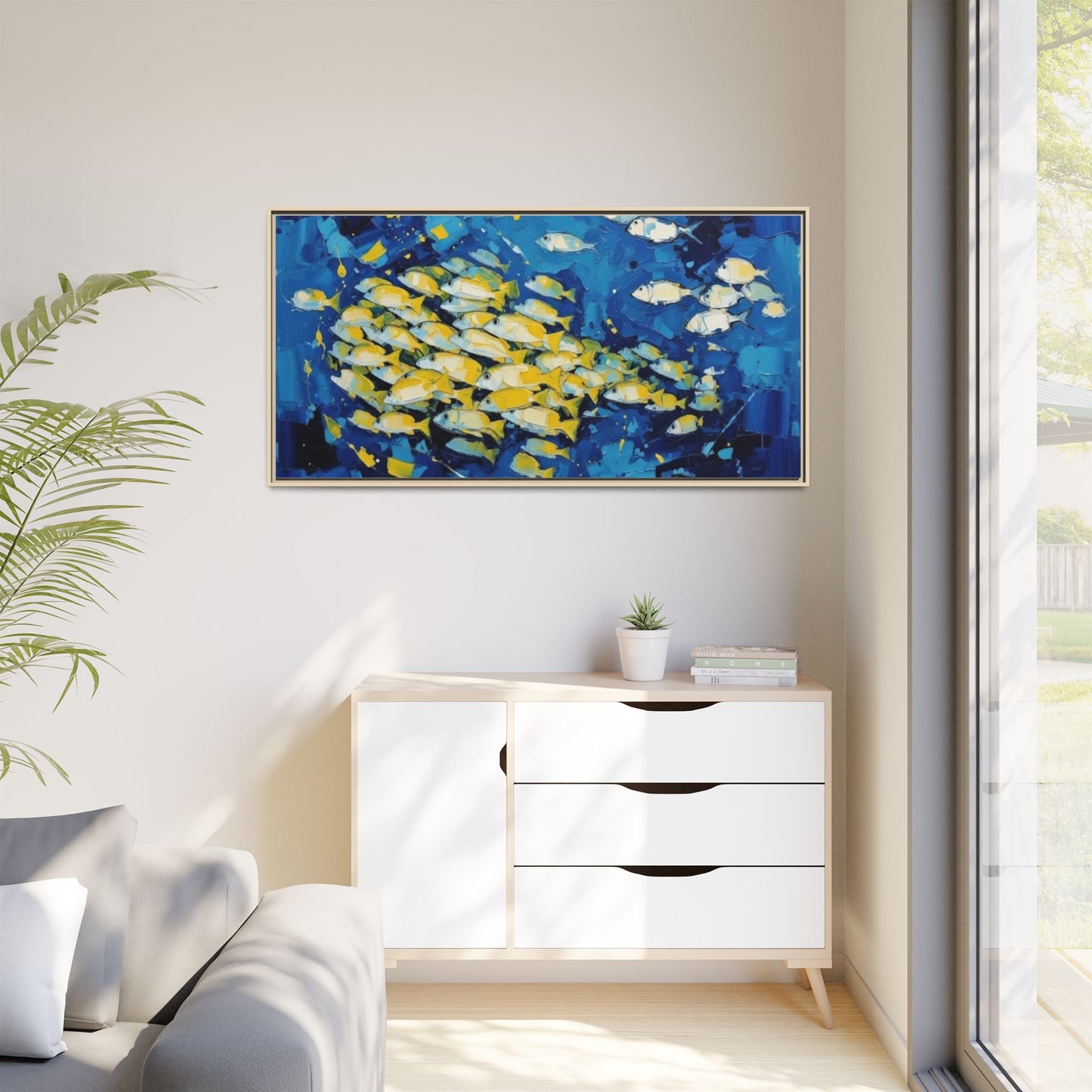 Framed Matte Canvas: Blue School of Fish Wall Art
