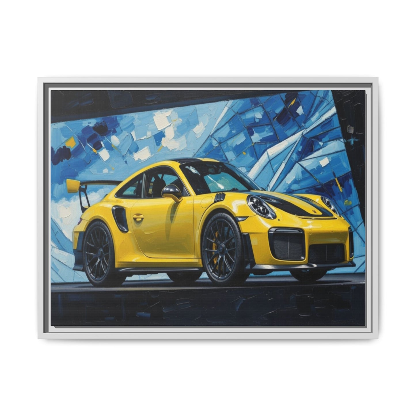 Yellow Porsche Sports Car Matte Framed Canvas – Modern Automotive Wall Art
