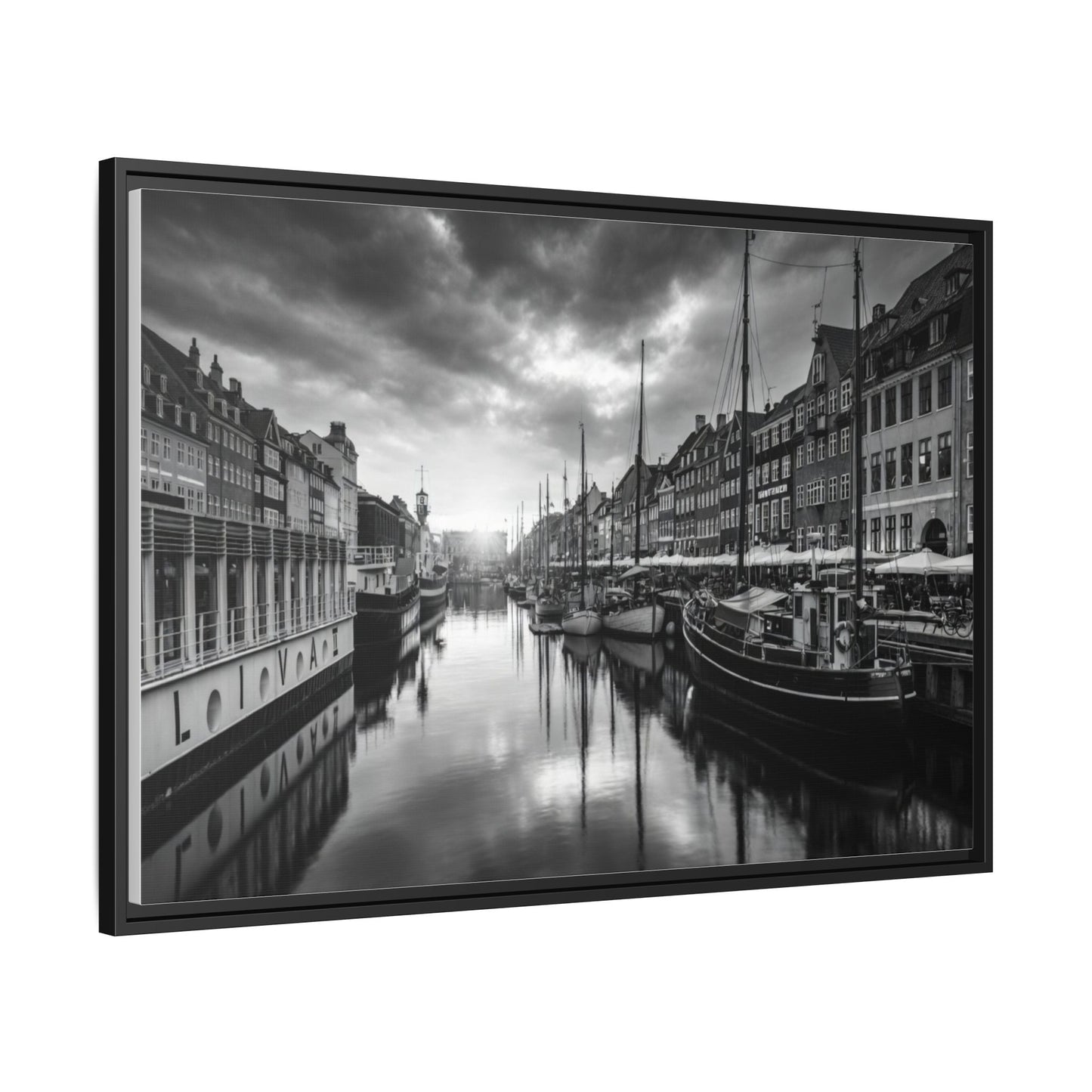 Framed Matte Canvas: Black & White Dutch Canal Photography Wall Art