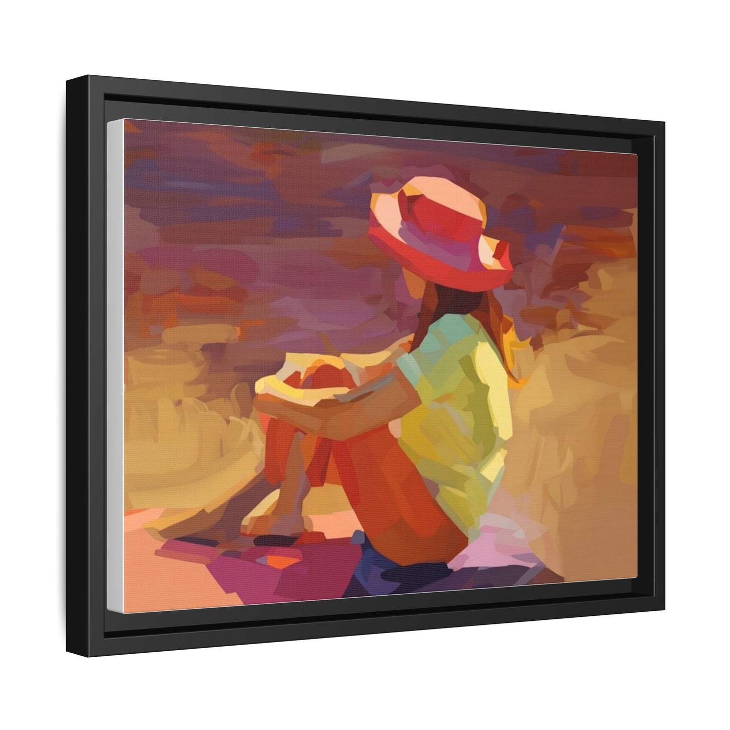 Framed Matte Canvas — Colorful Seated Girl Beach Art