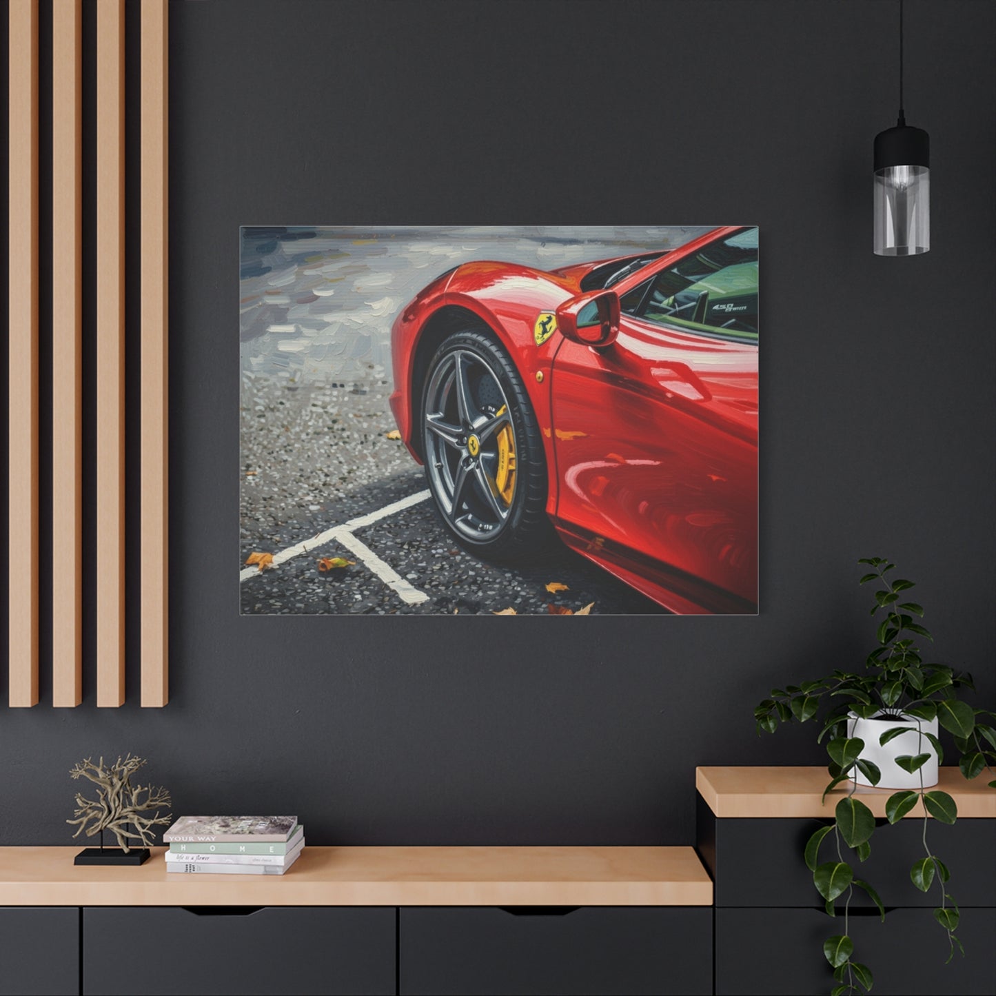 Red Sports Car Canvas Print — Ferrari Wheel Close-Up Matte Stretched Wall Art