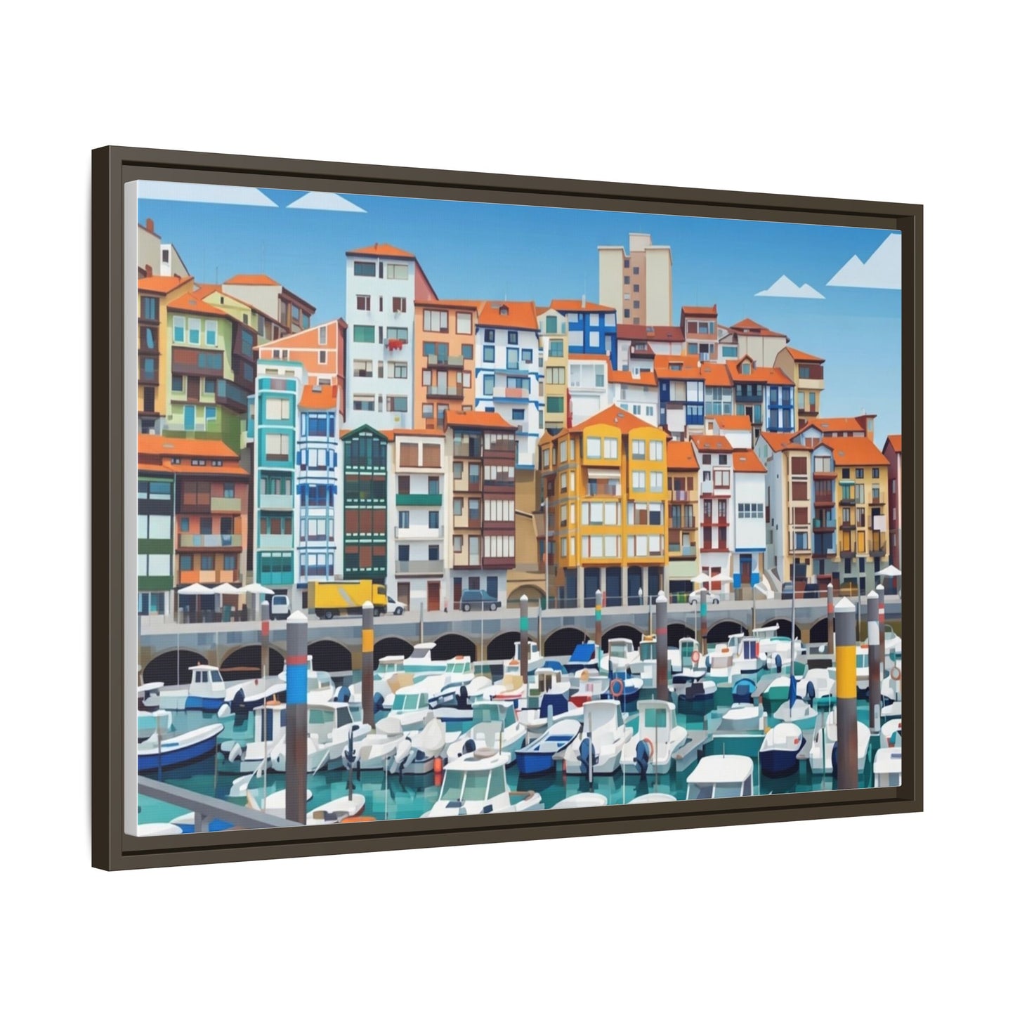 Framed Matte Canvas Print — Colorful Mediterranean Harbor Illustration