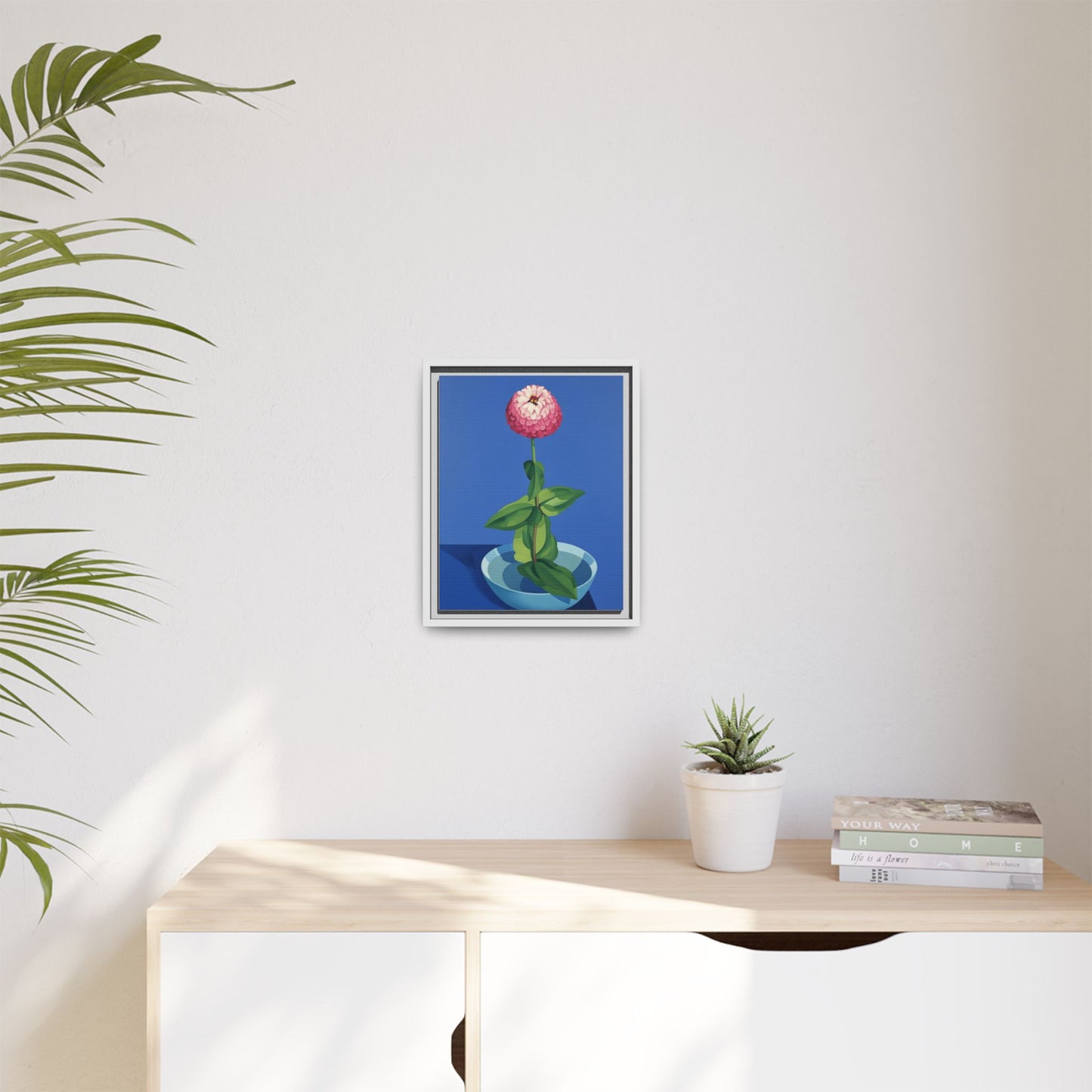 Framed Matte Canvas Art — Pink Zinnia in Blue Bowl (Botanical Still Life)