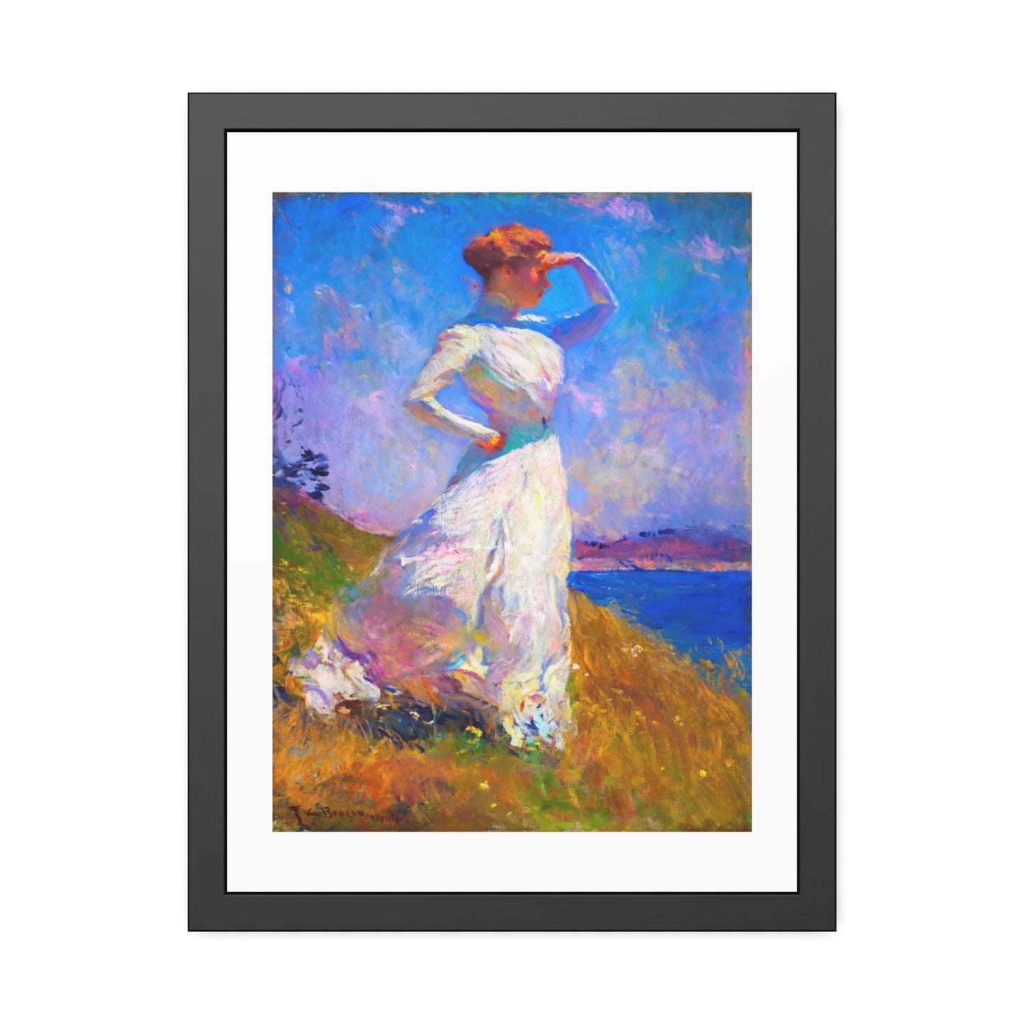 Coastal Impressionist Framed Poster — Woman in White Seaside Art Print