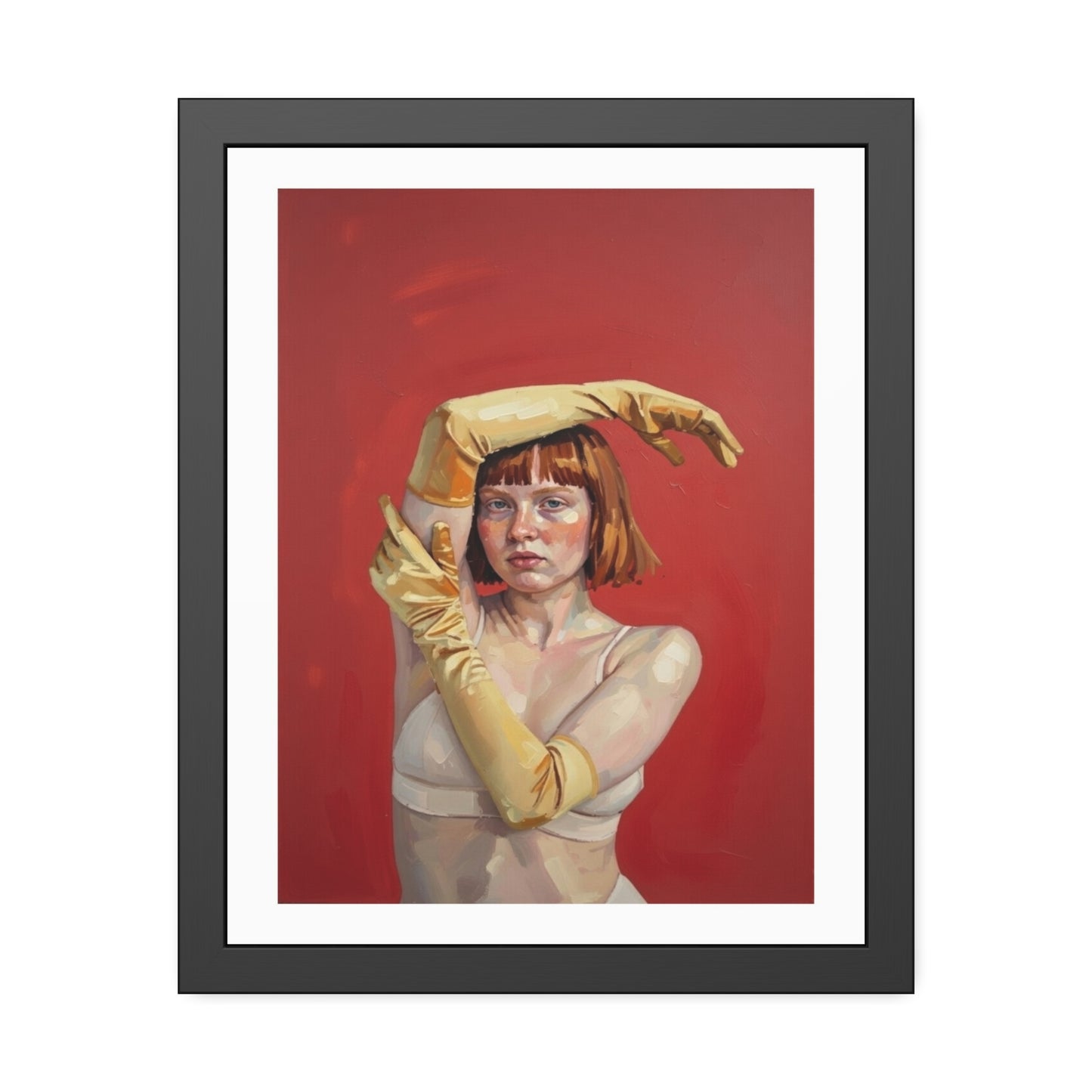 Framed Art Print — Retro Portrait with Yellow Gloves on Red Background
