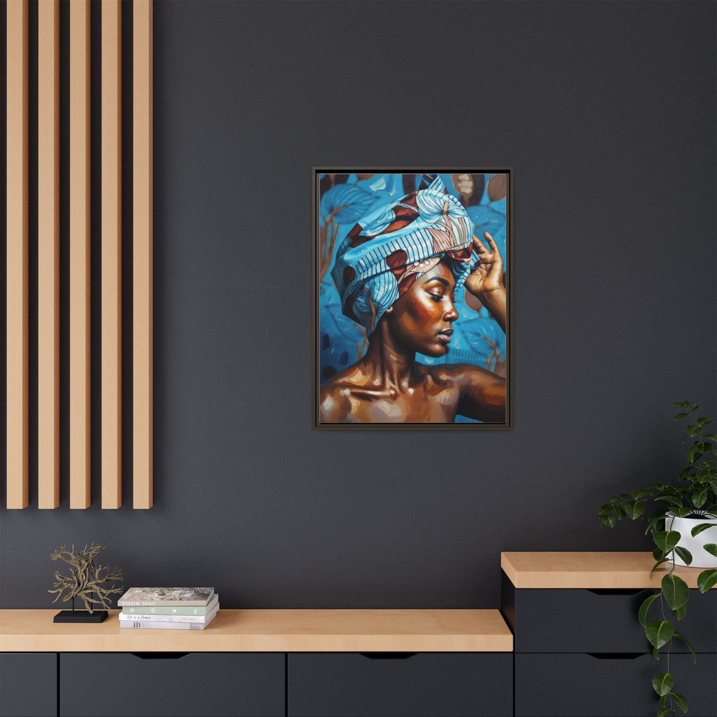 Framed Canvas Art — Portrait of Woman in Blue Headwrap