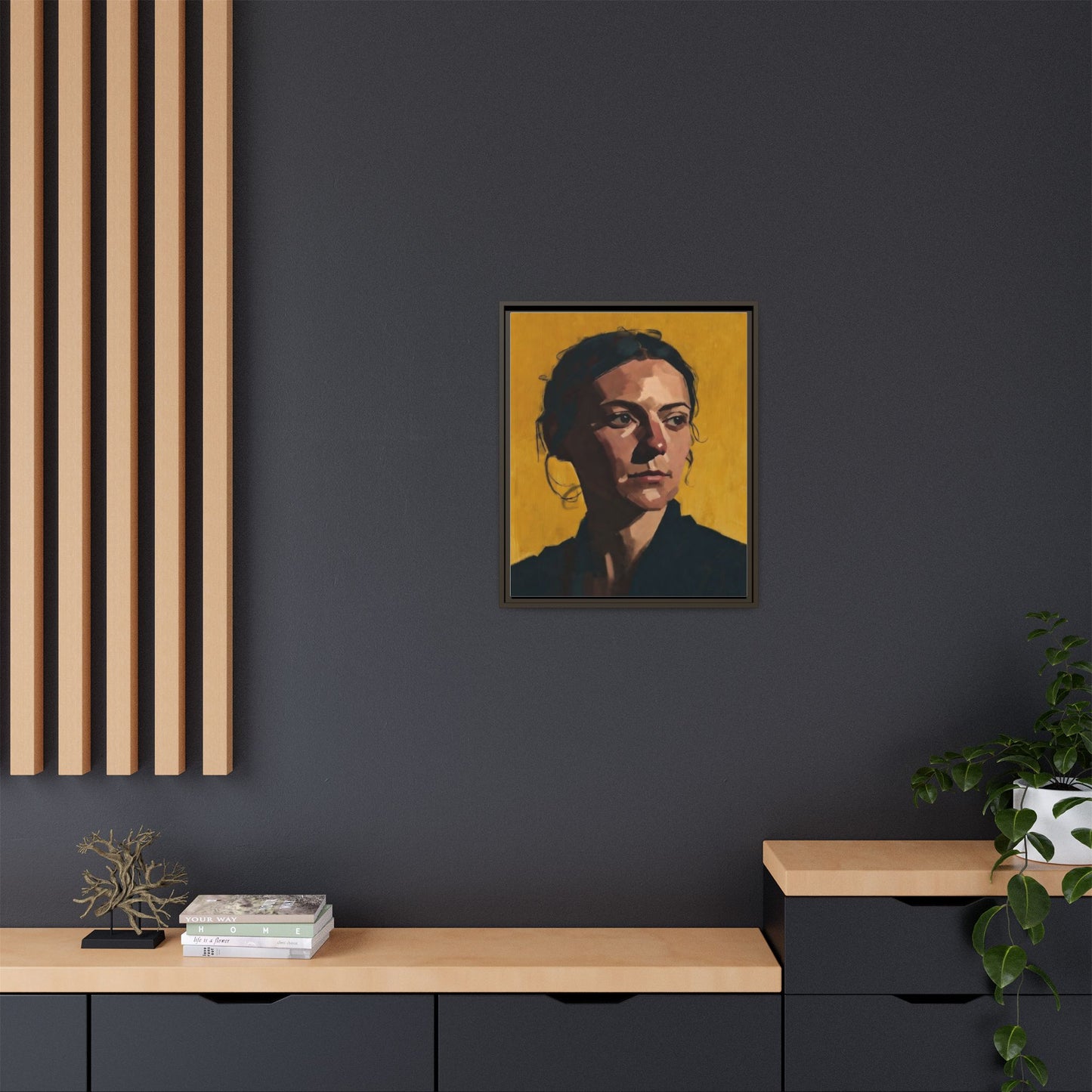 Framed Matte Canvas Portrait Art — Moody Woman on Mustard Background