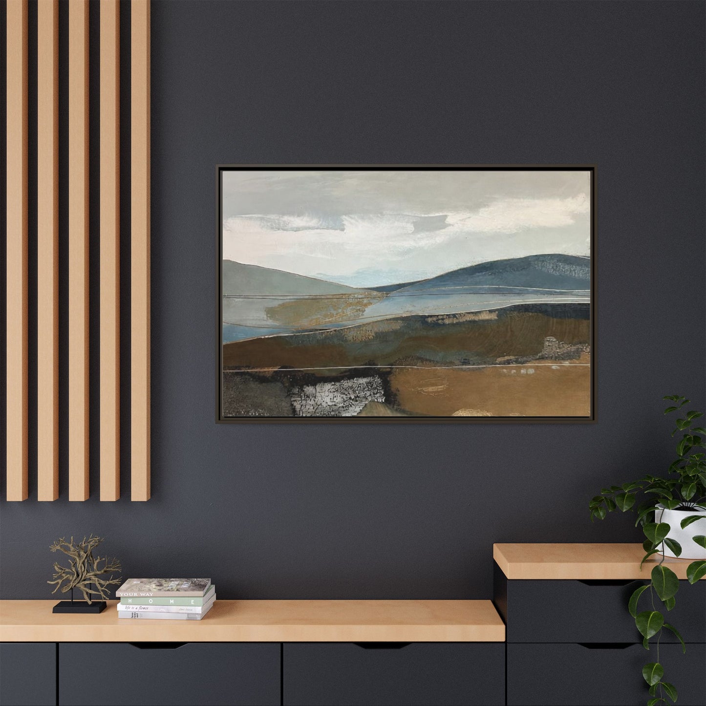 Framed Matte Canvas Landscape Art - Serene Abstract Hills in Blue & Earth Tones