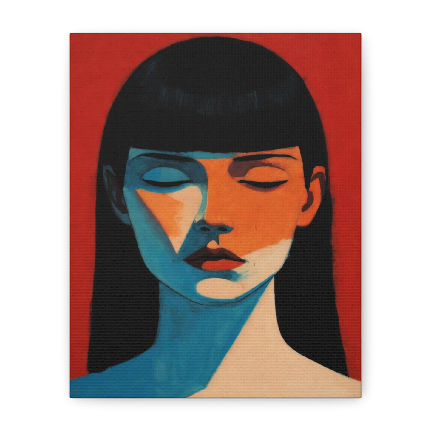 Portrait Canvas Wall Art — Modern Minimalist Woman in Red & Blue