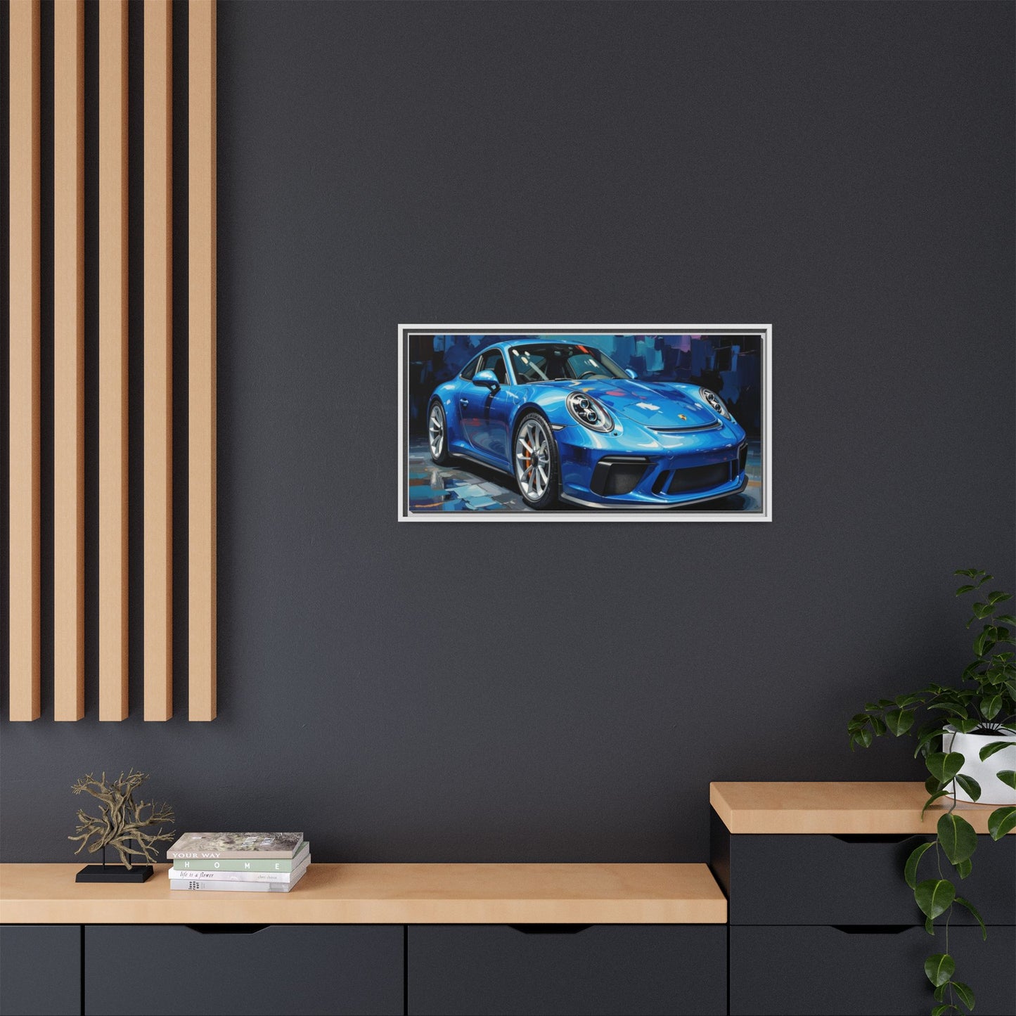 Blue Sports Car Matte Canvas Framed Print — Modern Automotive Wall Art