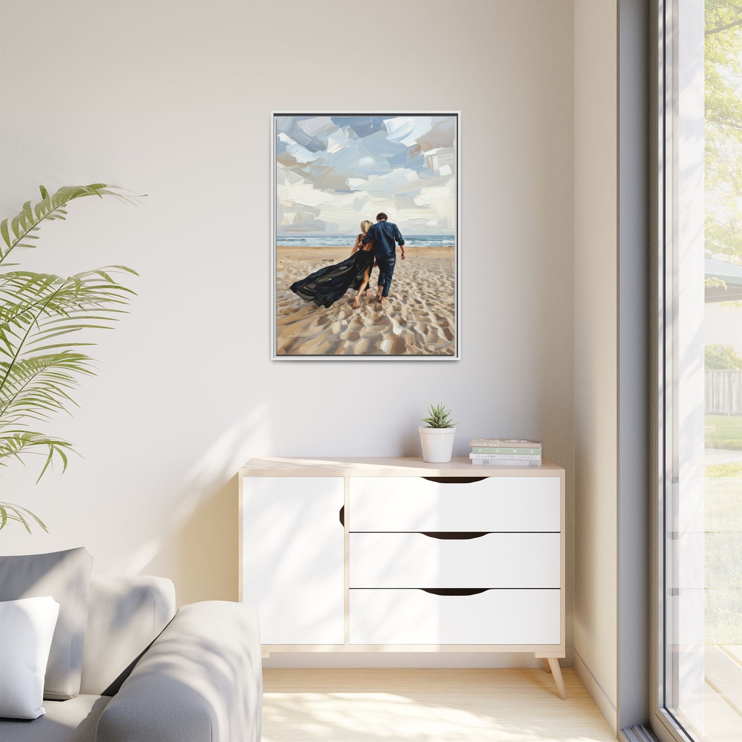 Framed Canvas Wall Art — Romantic Couple Walking on Beach Print