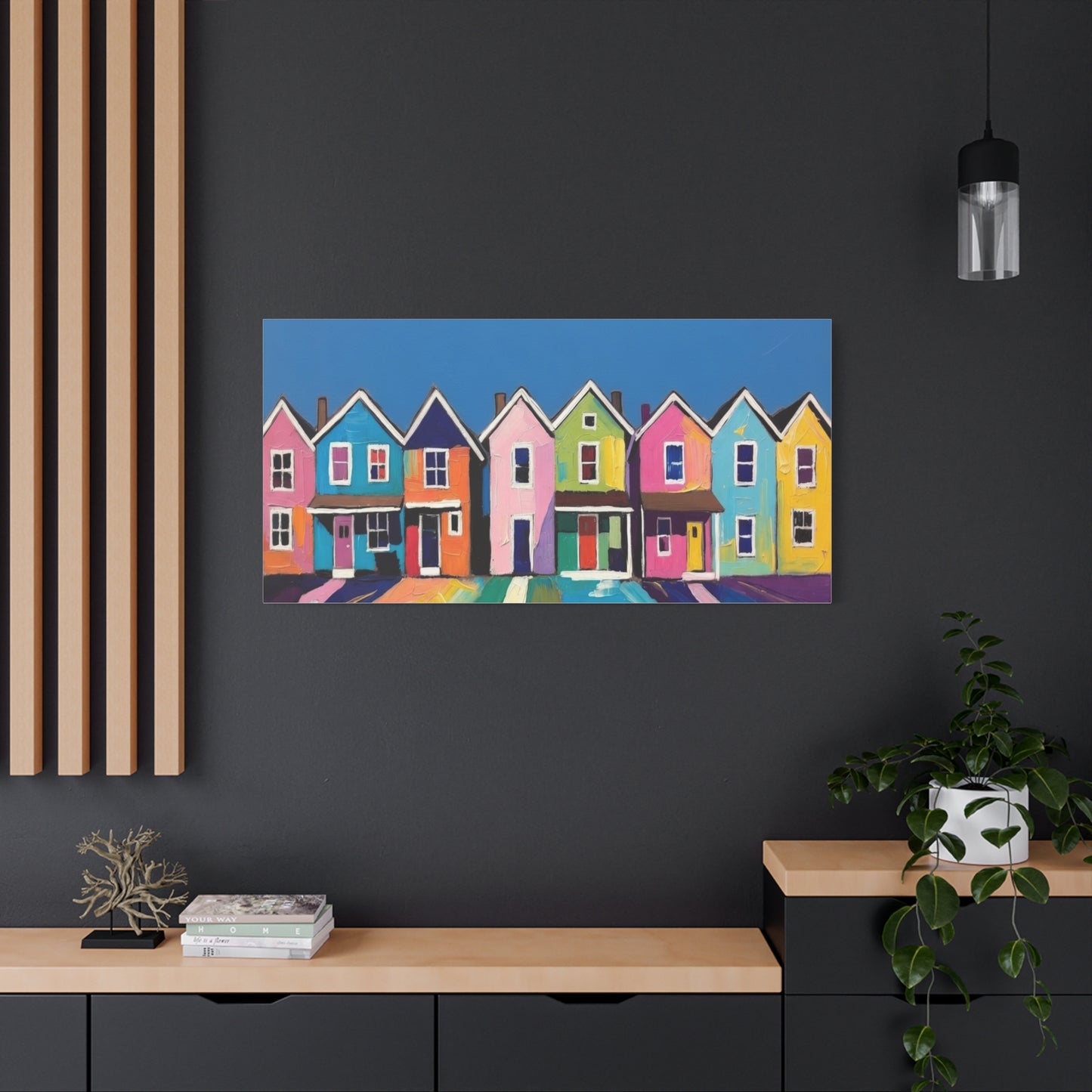 Colorful Row Houses Matte Canvas Print Vibrant Coastal Neighborhood Wall Art