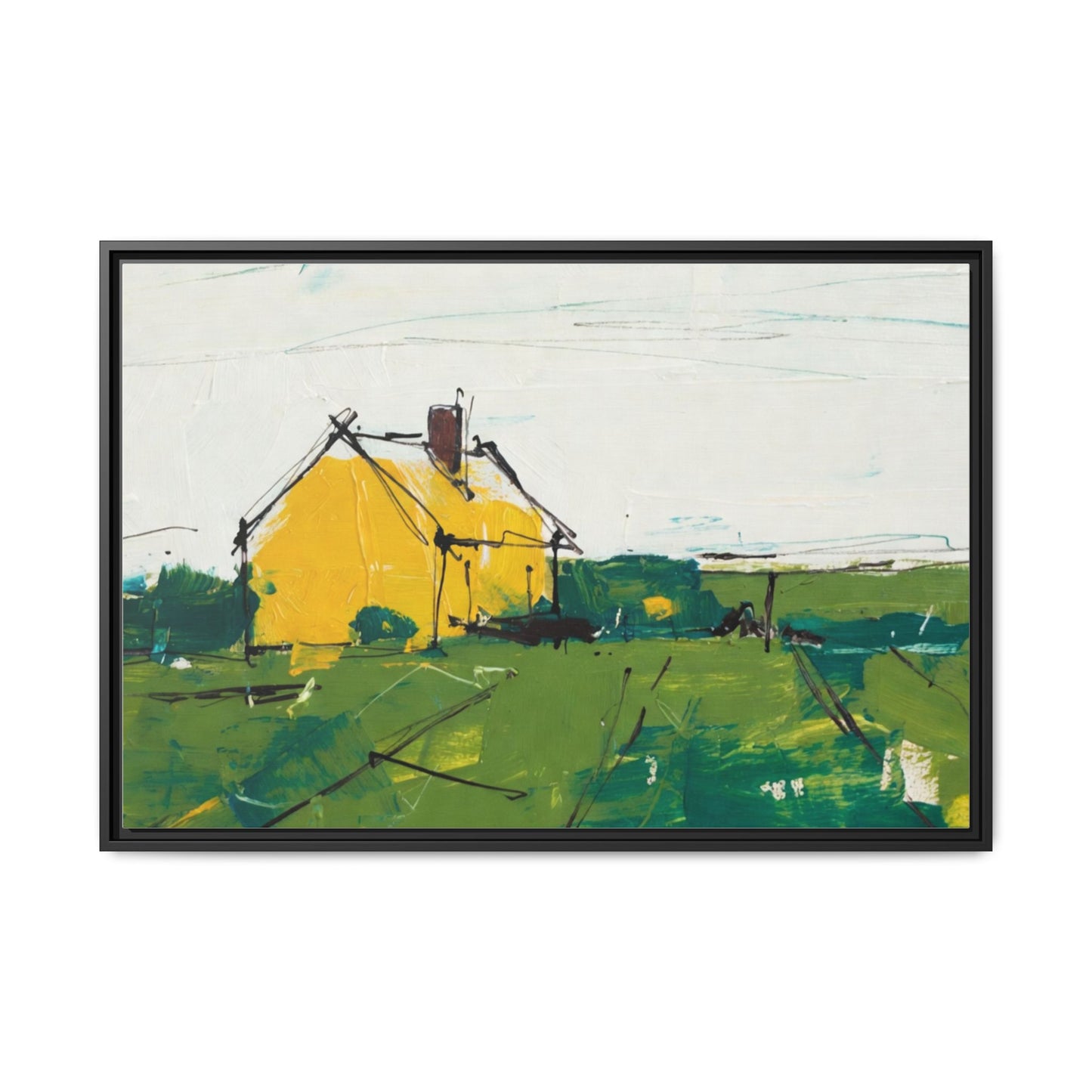 Yellow Cottage Landscape Framed Canvas Print