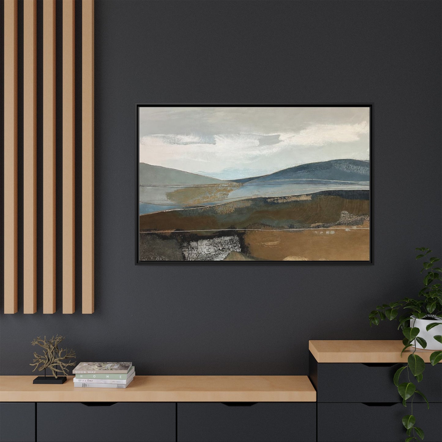 Framed Matte Canvas Landscape Art - Serene Abstract Hills in Blue & Earth Tones