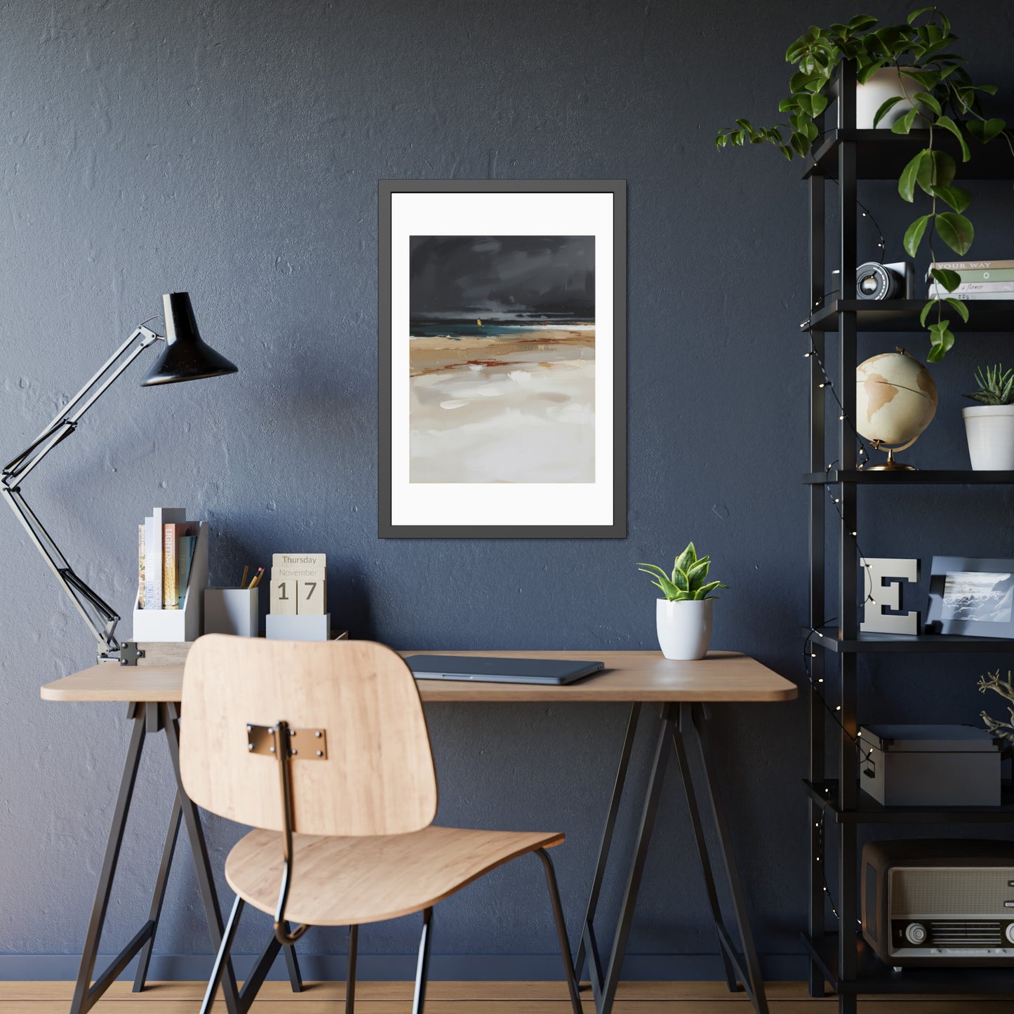 Framed Coastal Beach Print — Moody Seascape Poster in Black Frame