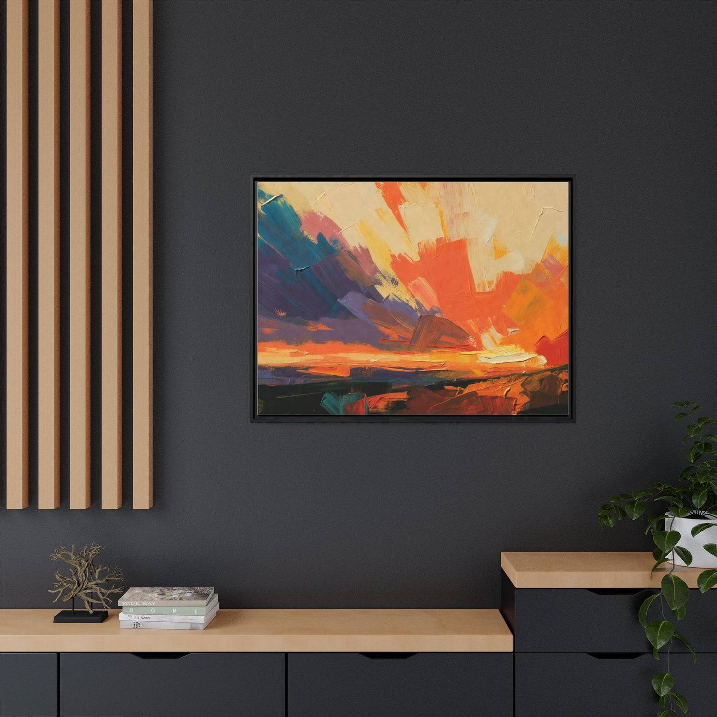 Framed Abstract Sunset Canvas Art – Multicolor Matte Wall Decor