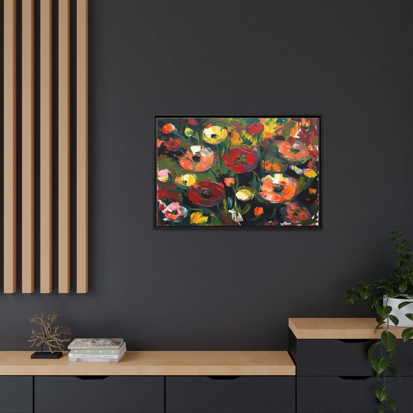 Framed Floral Canvas Print — Vibrant Abstract Poppies Wall Art