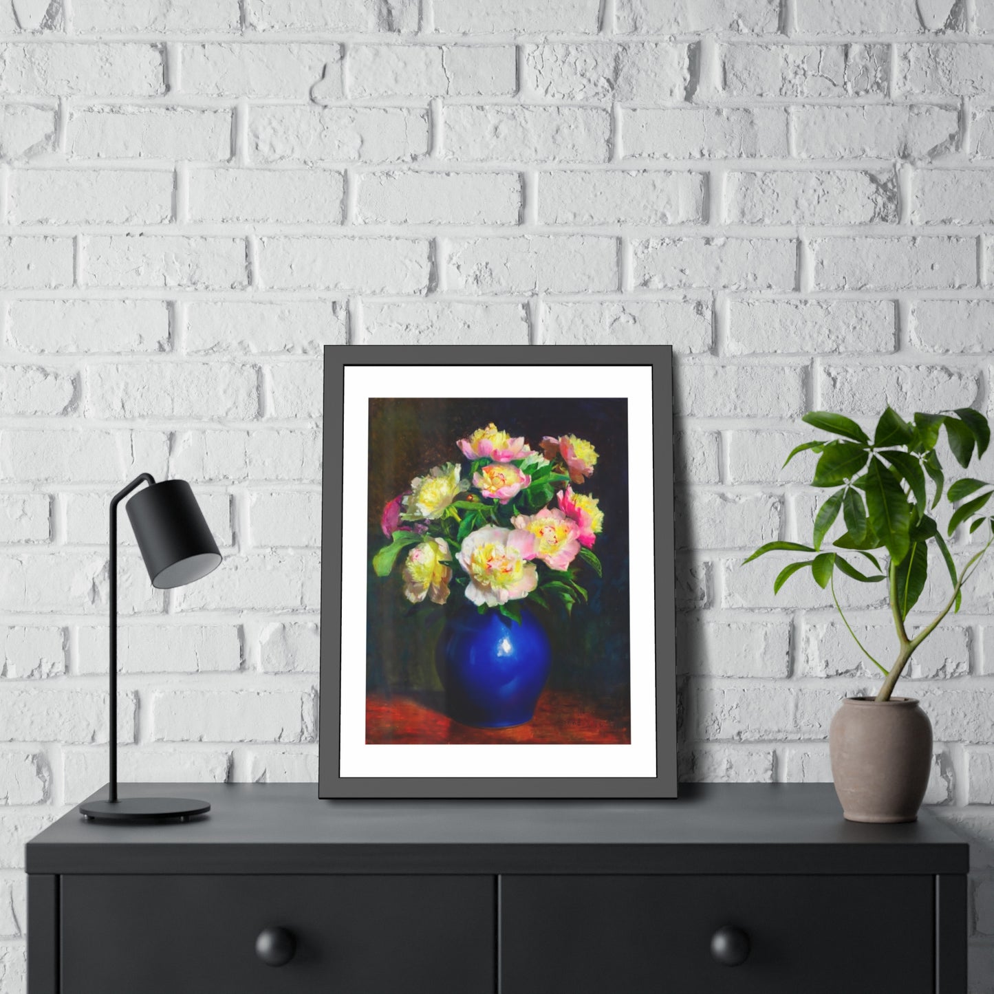 Framed Floral Poster — Pink Peonies in Blue Vase Wall Art