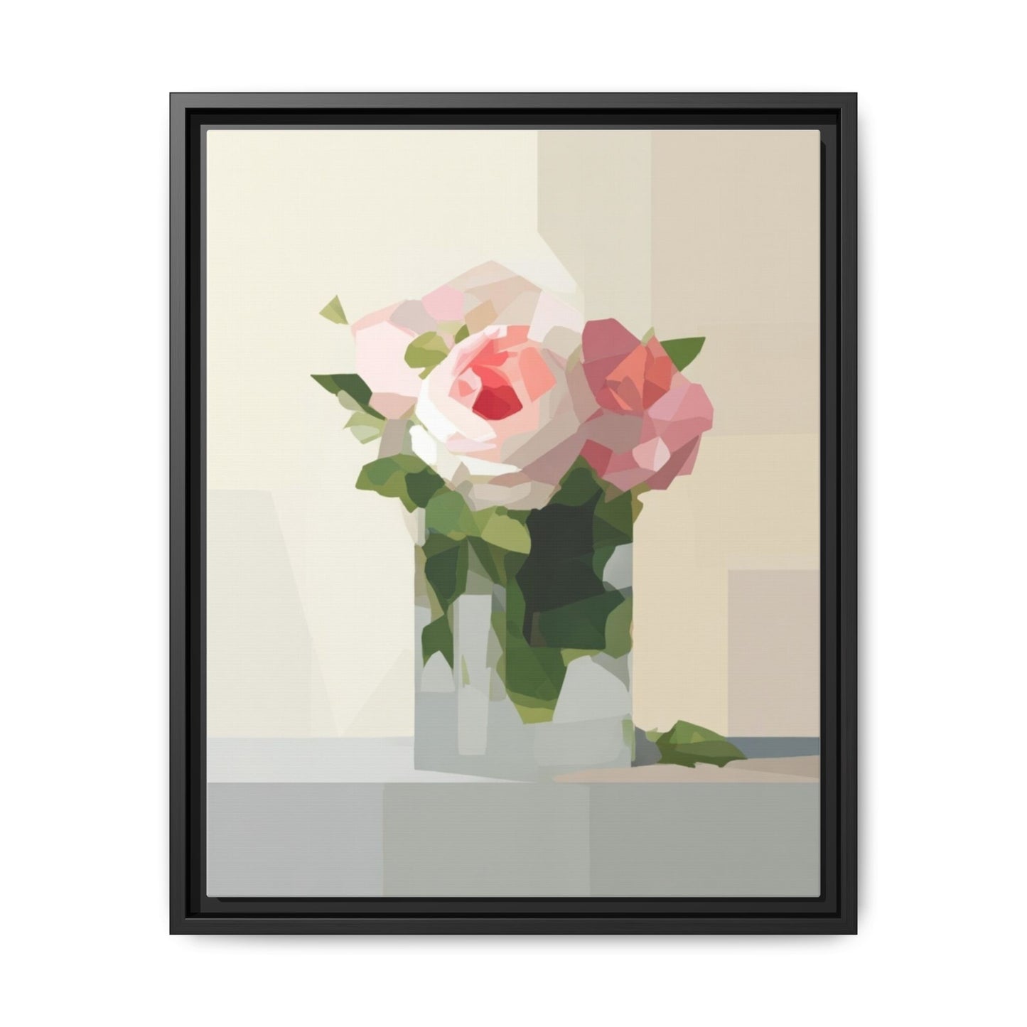 Framed Floral Canvas Print — Geometric Pink Rose Wall Art