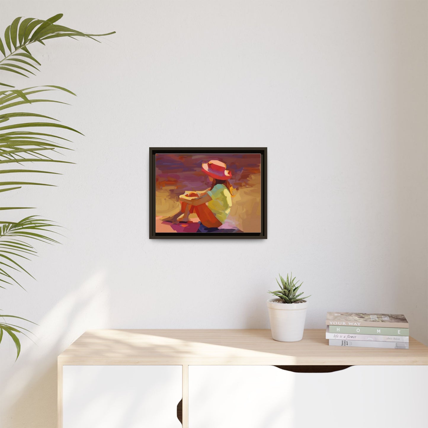 Framed Matte Canvas — Colorful Seated Girl Beach Art