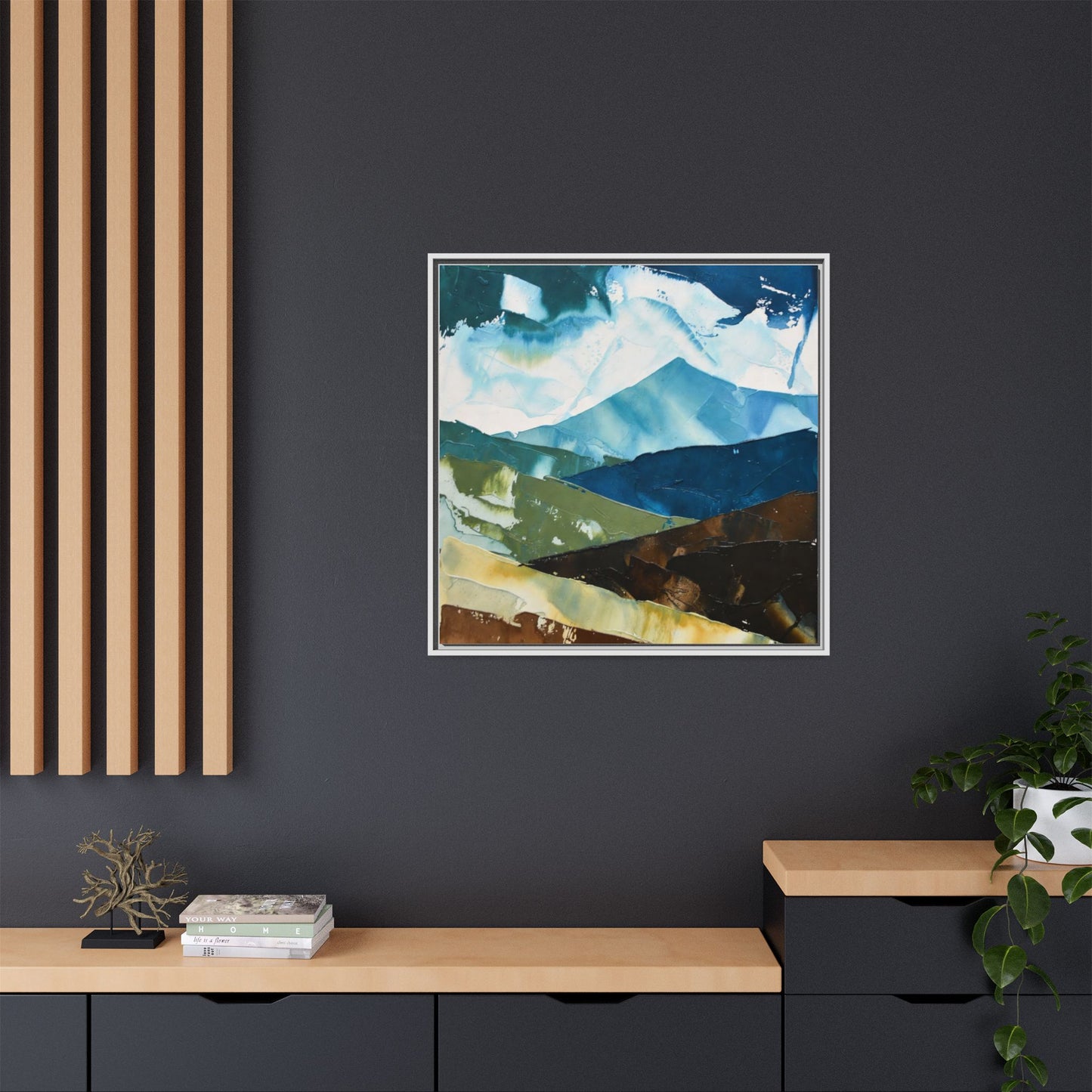 Framed Abstract Mountain Canvas Art — Blue & Earthtone Landscape Print