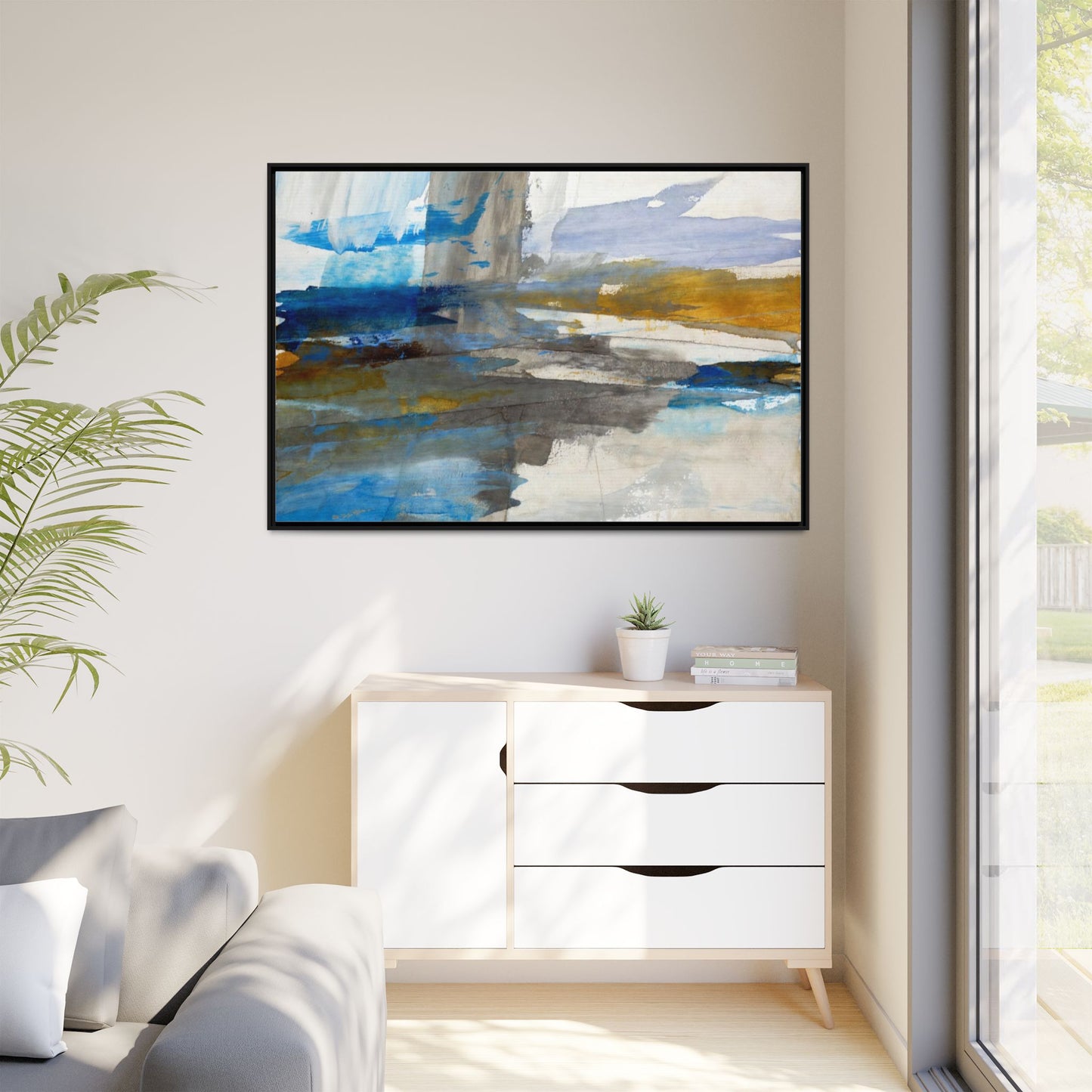 Abstract Blue & Gold Framed Canvas Art — Matte Multi-Color Wall Print