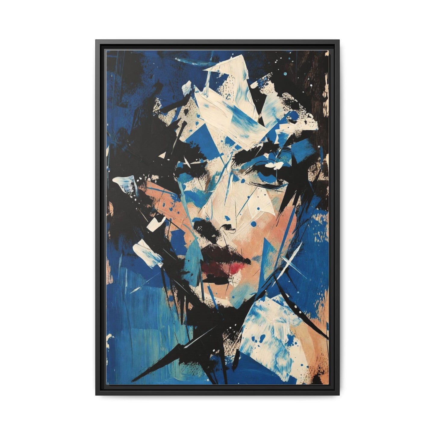 Abstract Portrait Matte Canvas Framed Wall Art — Blue Mixed-Media Face Print