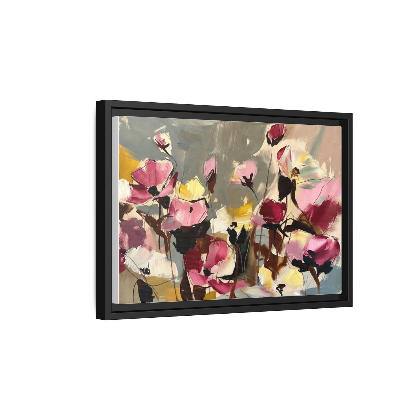 Framed Floral Canvas Wall Art — Abstract Pink & Yellow Flowers