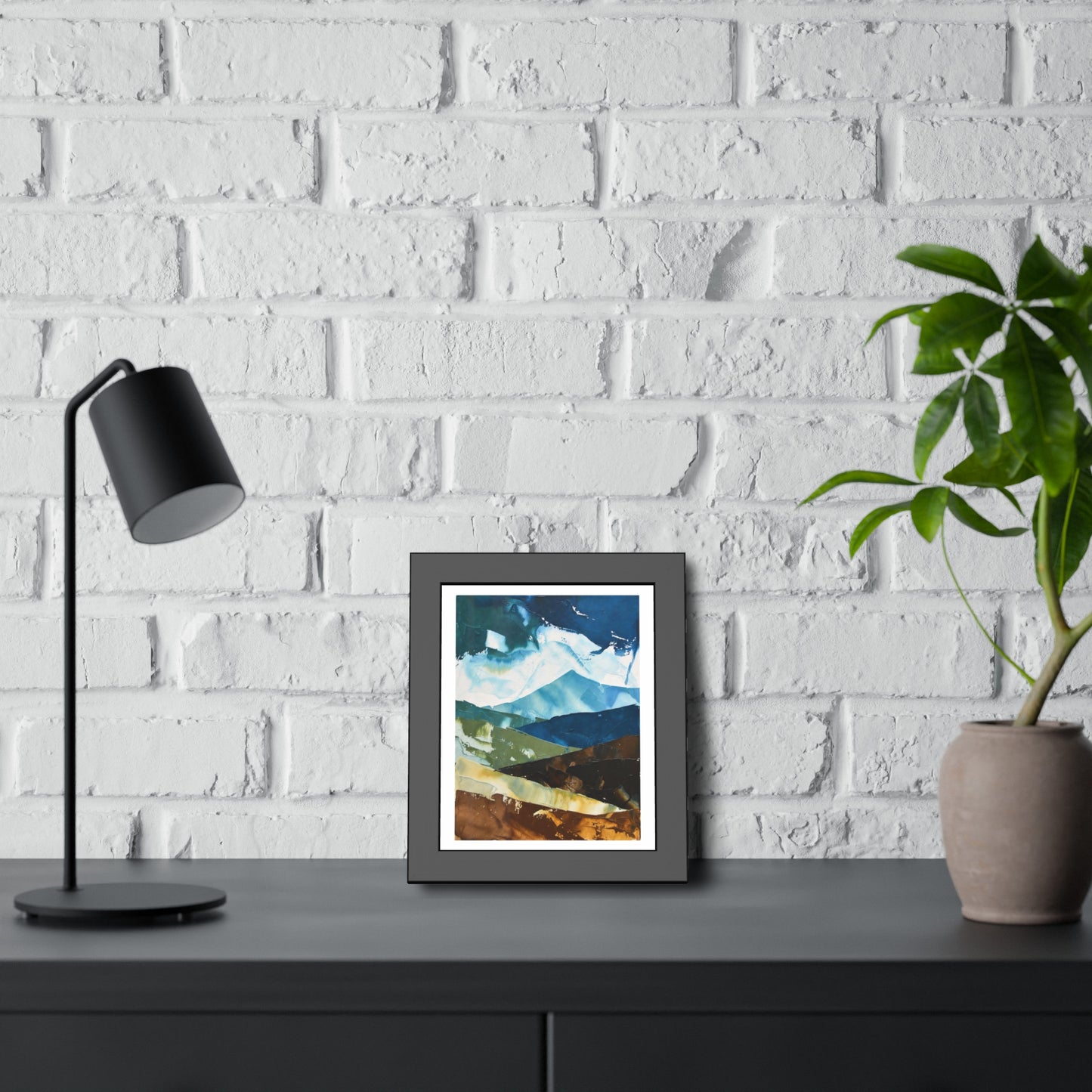 Framed Abstract Mountain Art Print – Blue & Earthtone Layered Landscape Poster