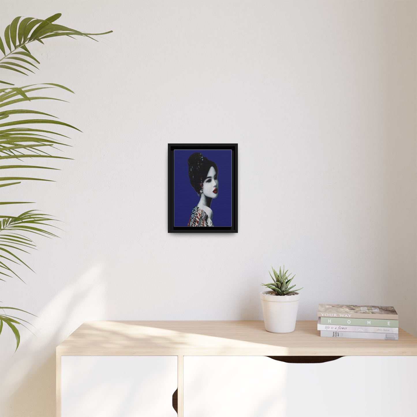 Framed Matte Canvas Art — Elegant Geisha Portrait on Deep Blue