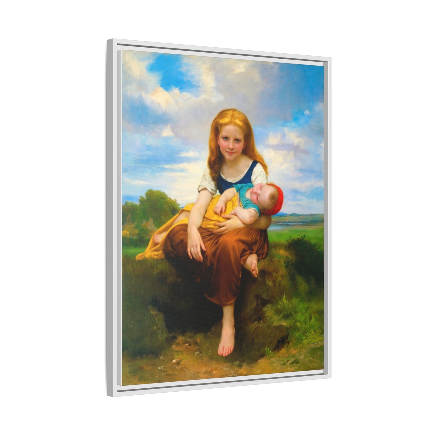 Young Girl Holding Sleeping Baby Canvas Print, Framed Wall Art