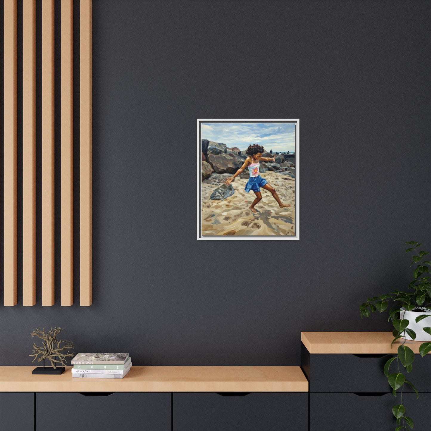 Framed Canvas Art - Girl Dancing on the Beach (Matte Multi-Color)
