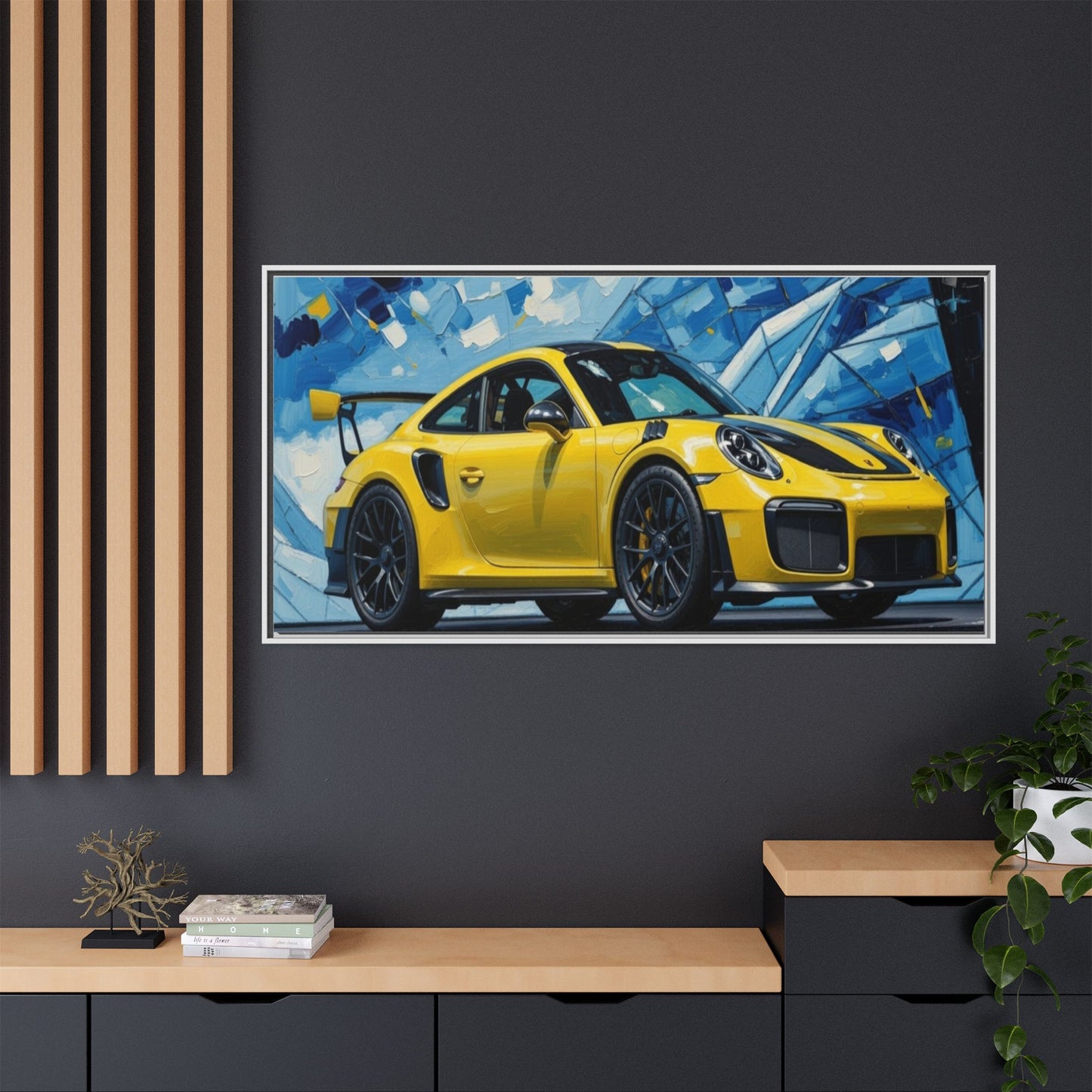 Yellow Porsche Sports Car Matte Framed Canvas – Modern Automotive Wall Art