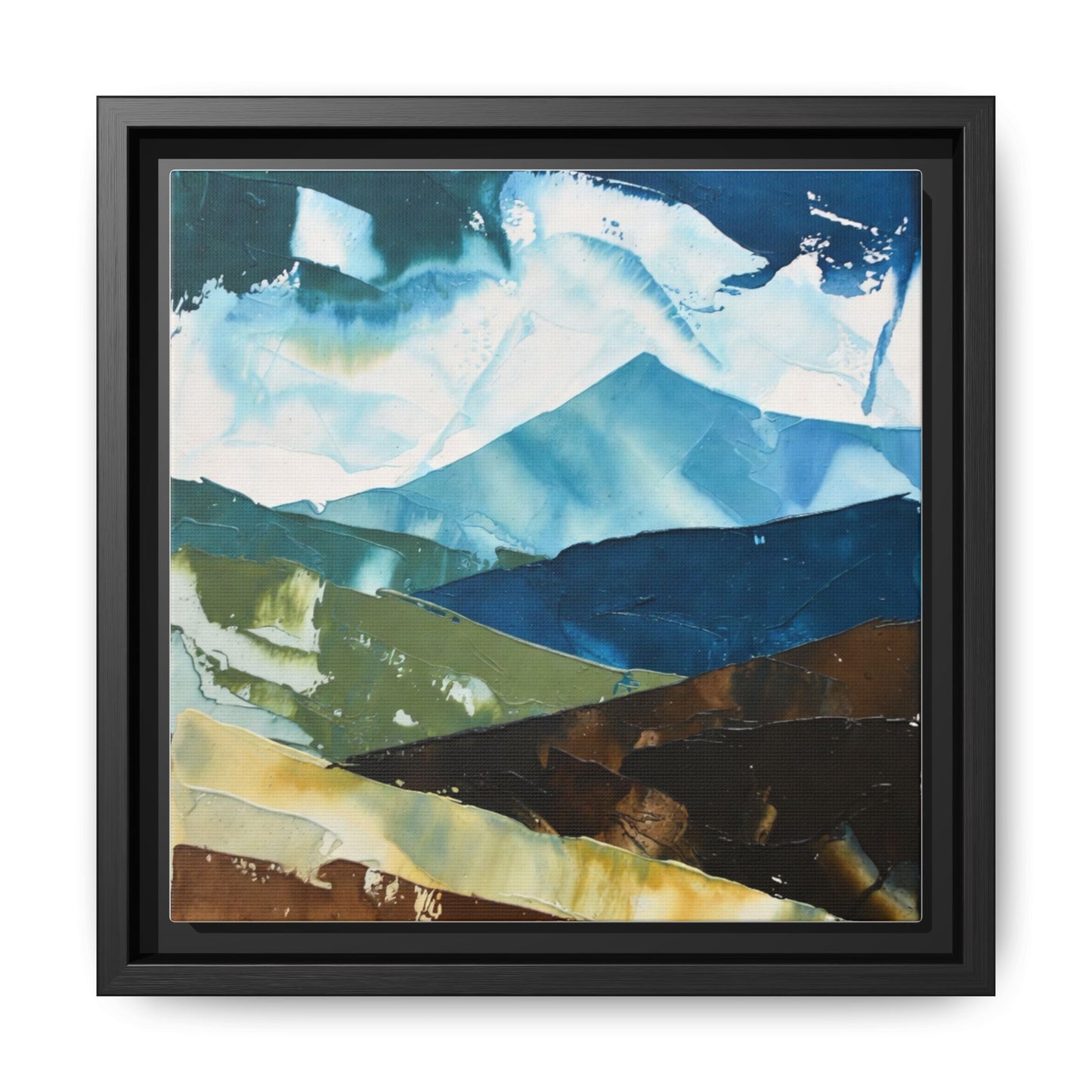 Framed Abstract Mountain Canvas Art — Blue & Earthtone Landscape Print