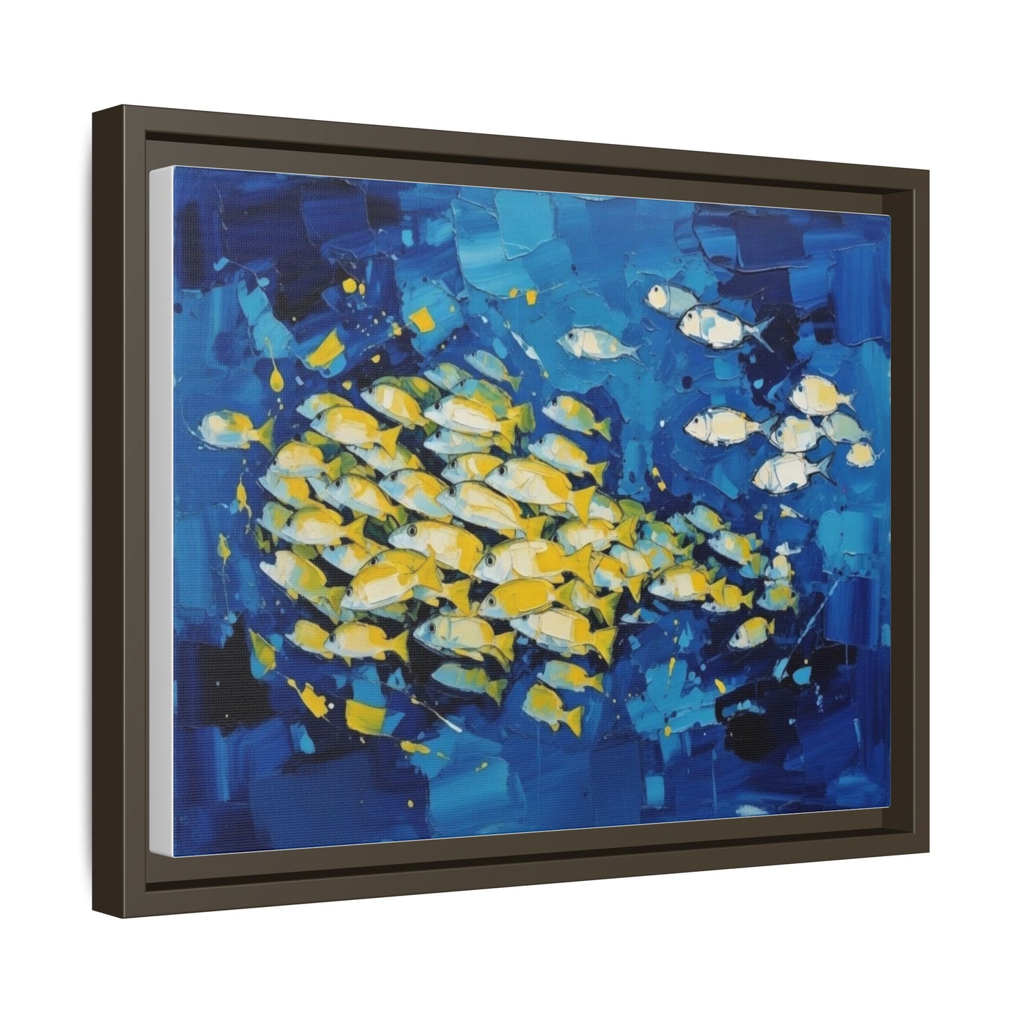 Framed Matte Canvas: Blue School of Fish Wall Art