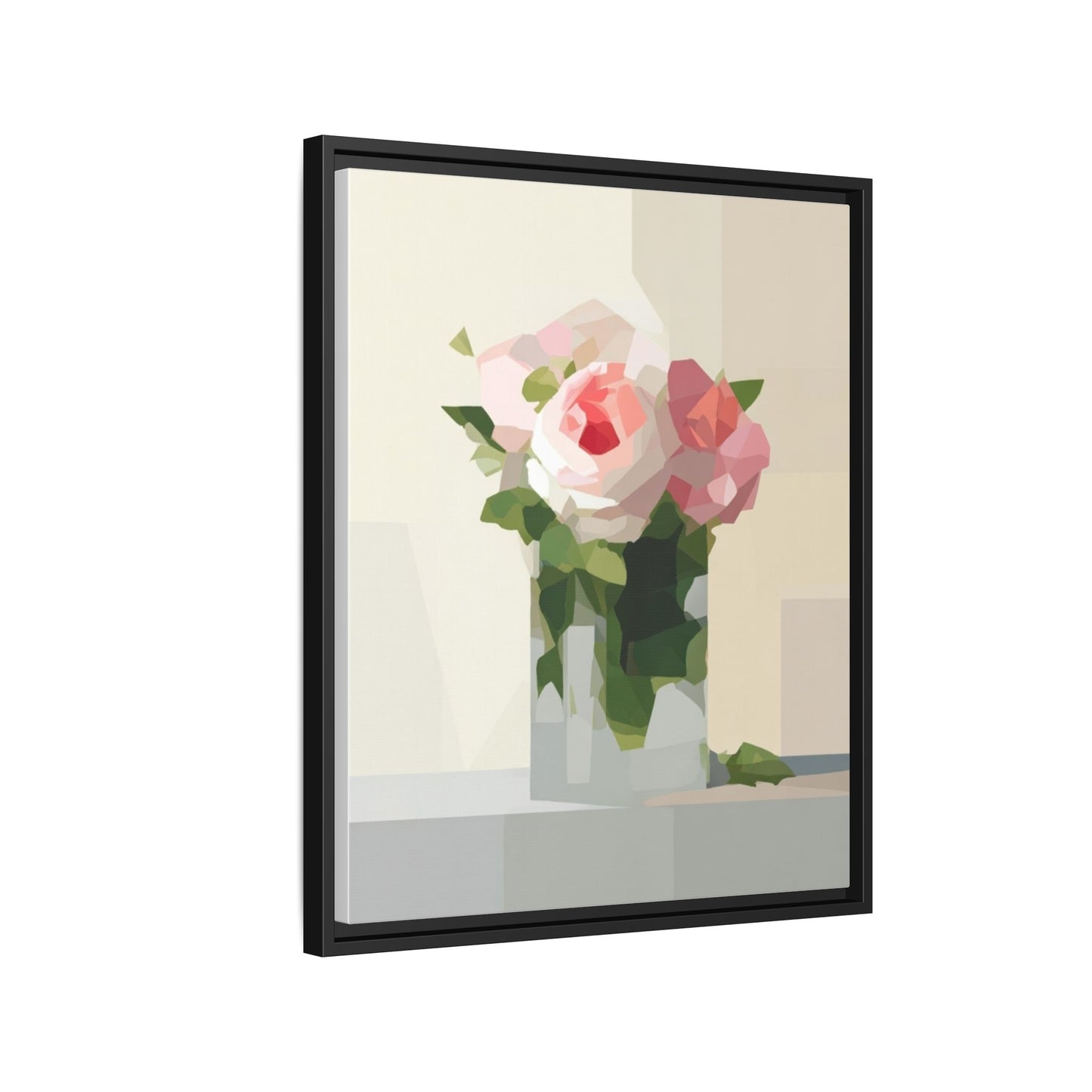 Framed Floral Canvas Print — Geometric Pink Rose Wall Art