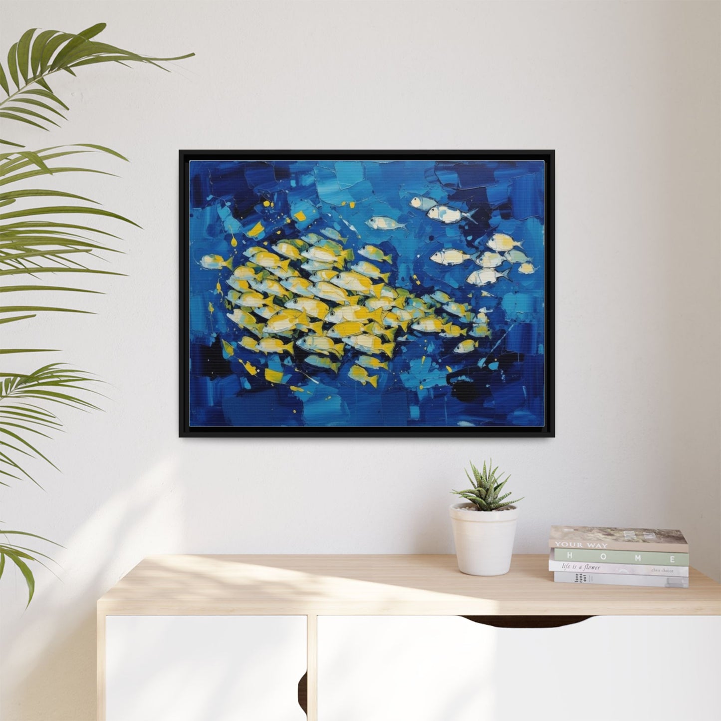 Framed Matte Canvas: Blue School of Fish Wall Art