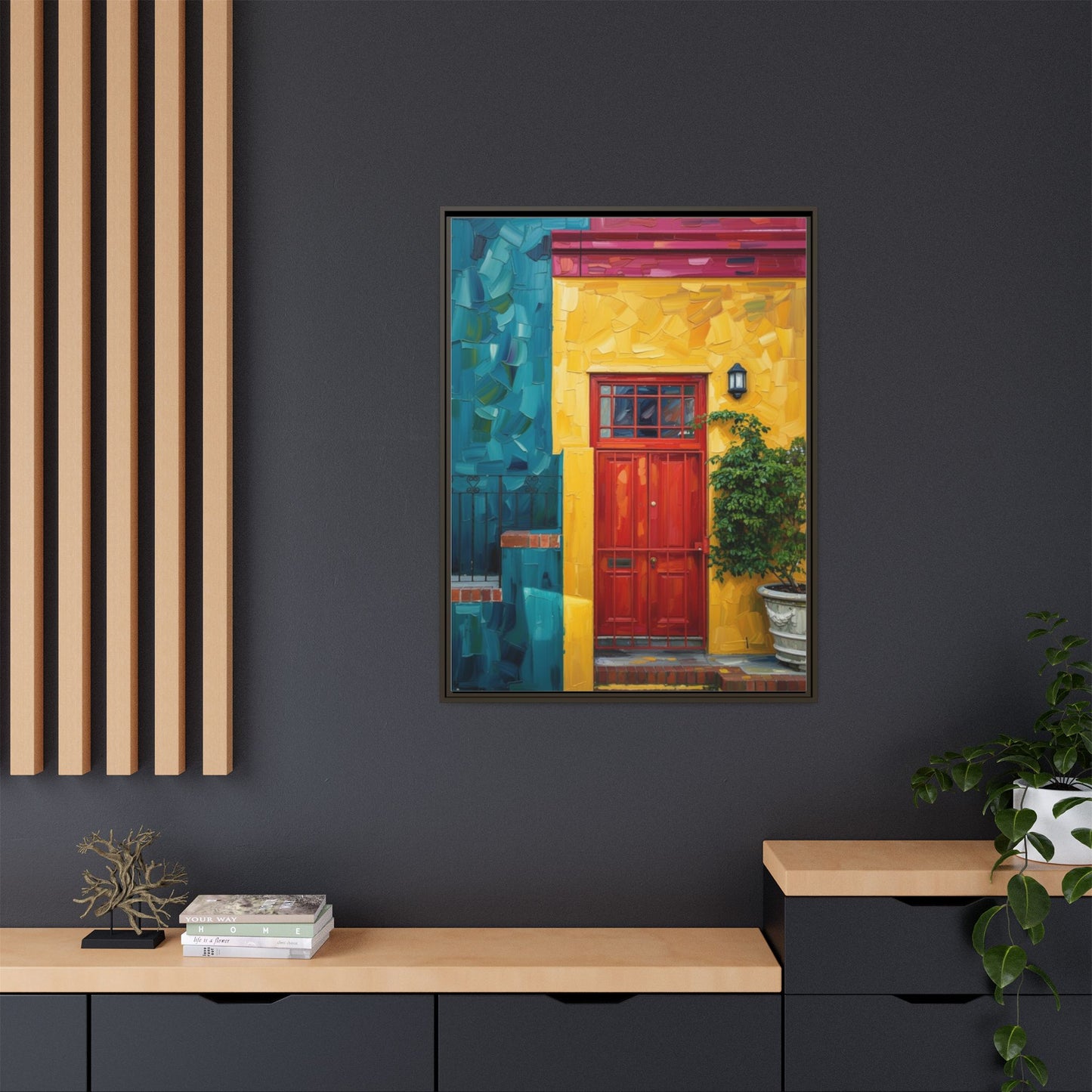Framed Matte Canvas Wall Art — Colorful Red Door on Yellow Facade