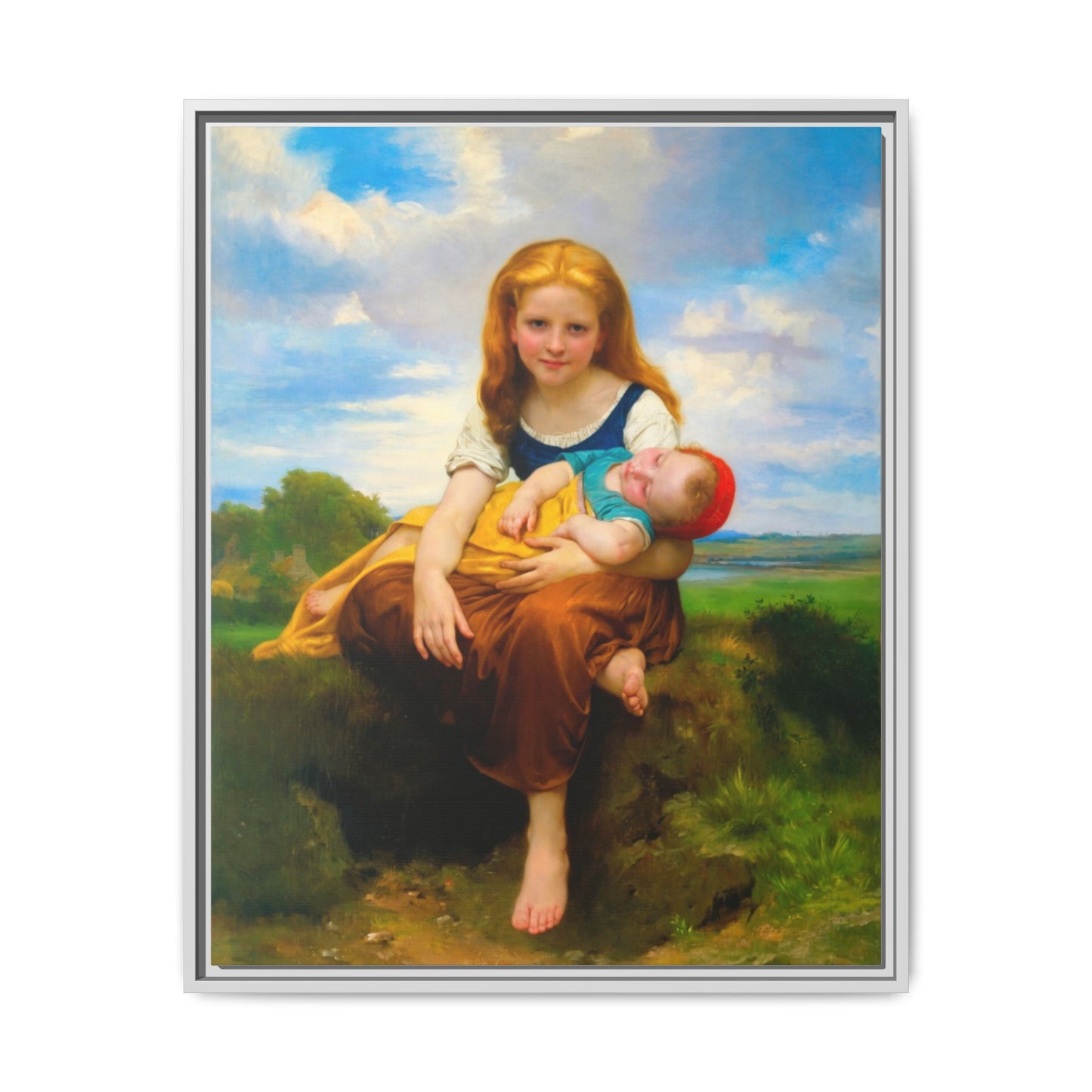 Young Girl Holding Sleeping Baby Canvas Print, Framed Wall Art