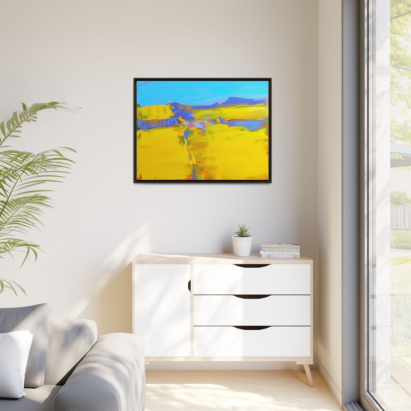 Framed Matte Canvas  Vibrant Yellow Blue Abstract Landscape Art