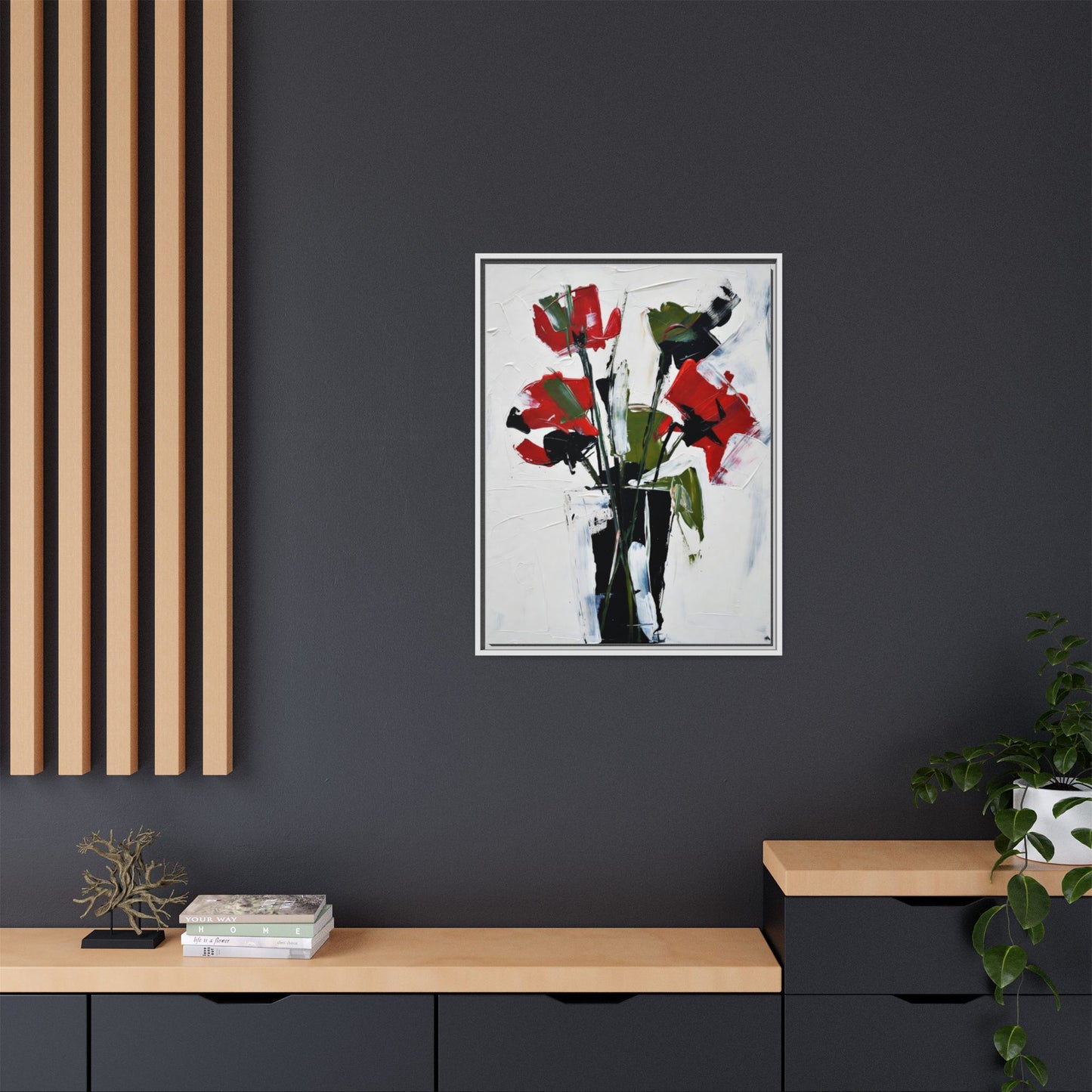 Framed Abstract Floral Canvas Print — Red Poppies in Black Vase
