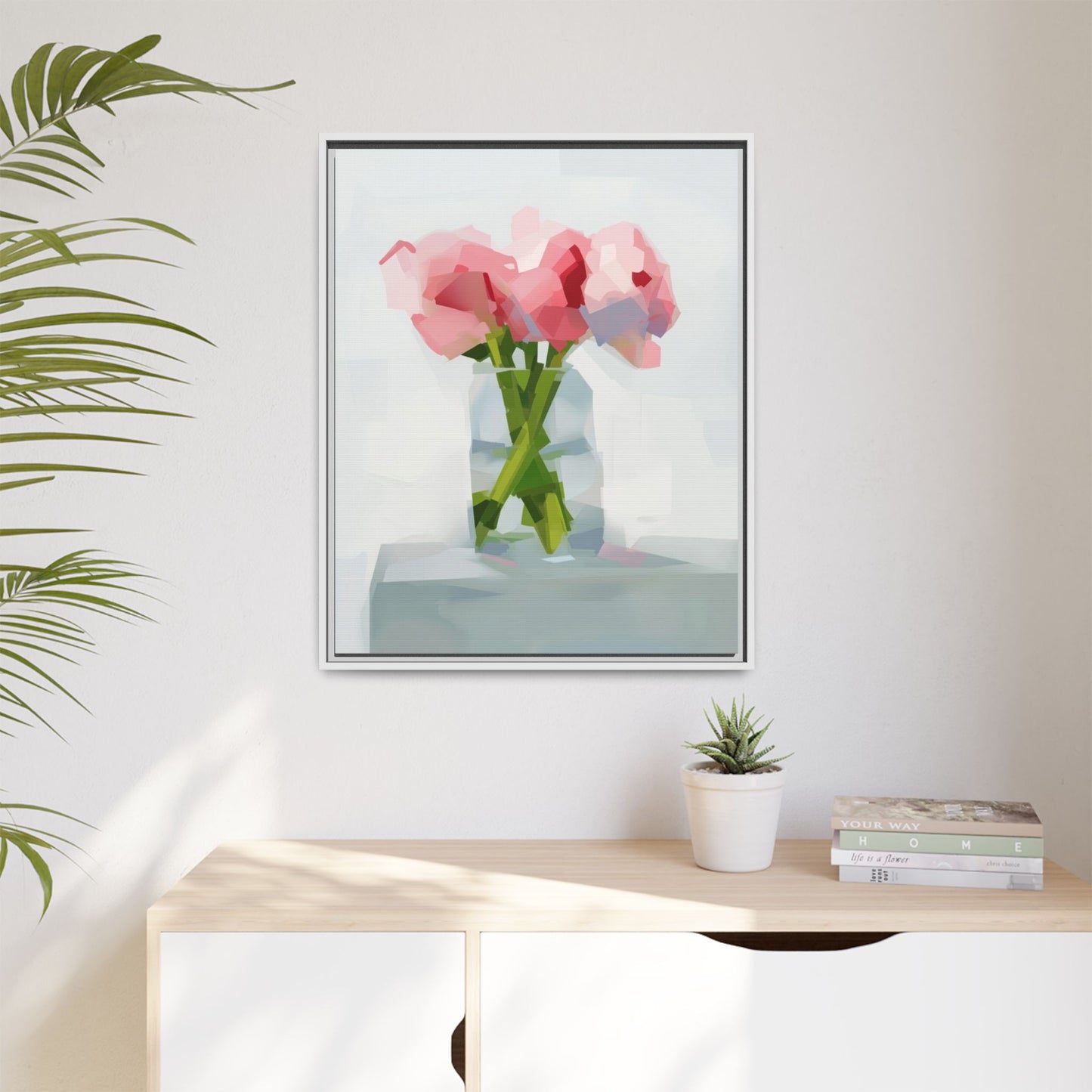 Framed Floral Canvas Art — Pink Peonies in Vase (Matte)
