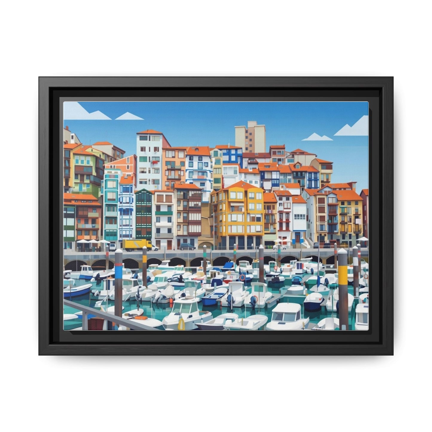 Framed Matte Canvas Print — Colorful Mediterranean Harbor Illustration