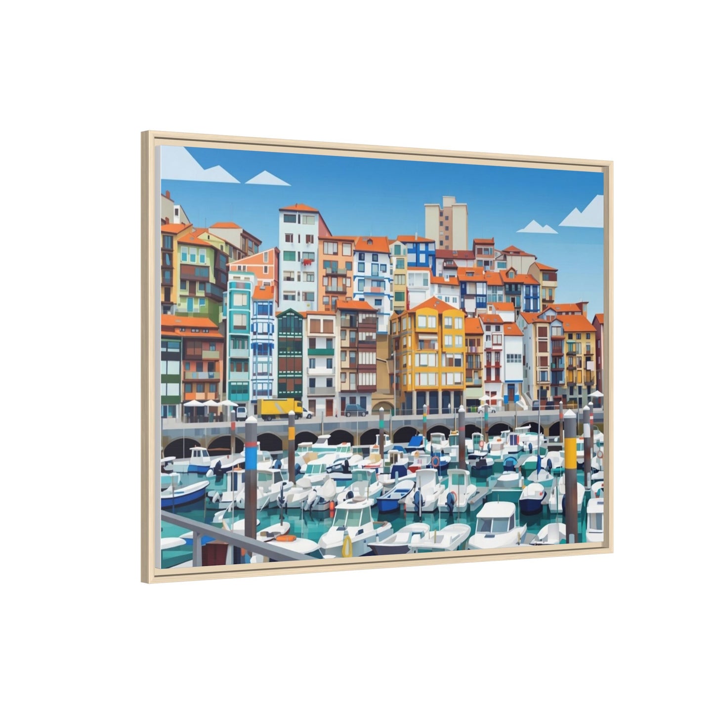Framed Matte Canvas Print — Colorful Mediterranean Harbor Illustration