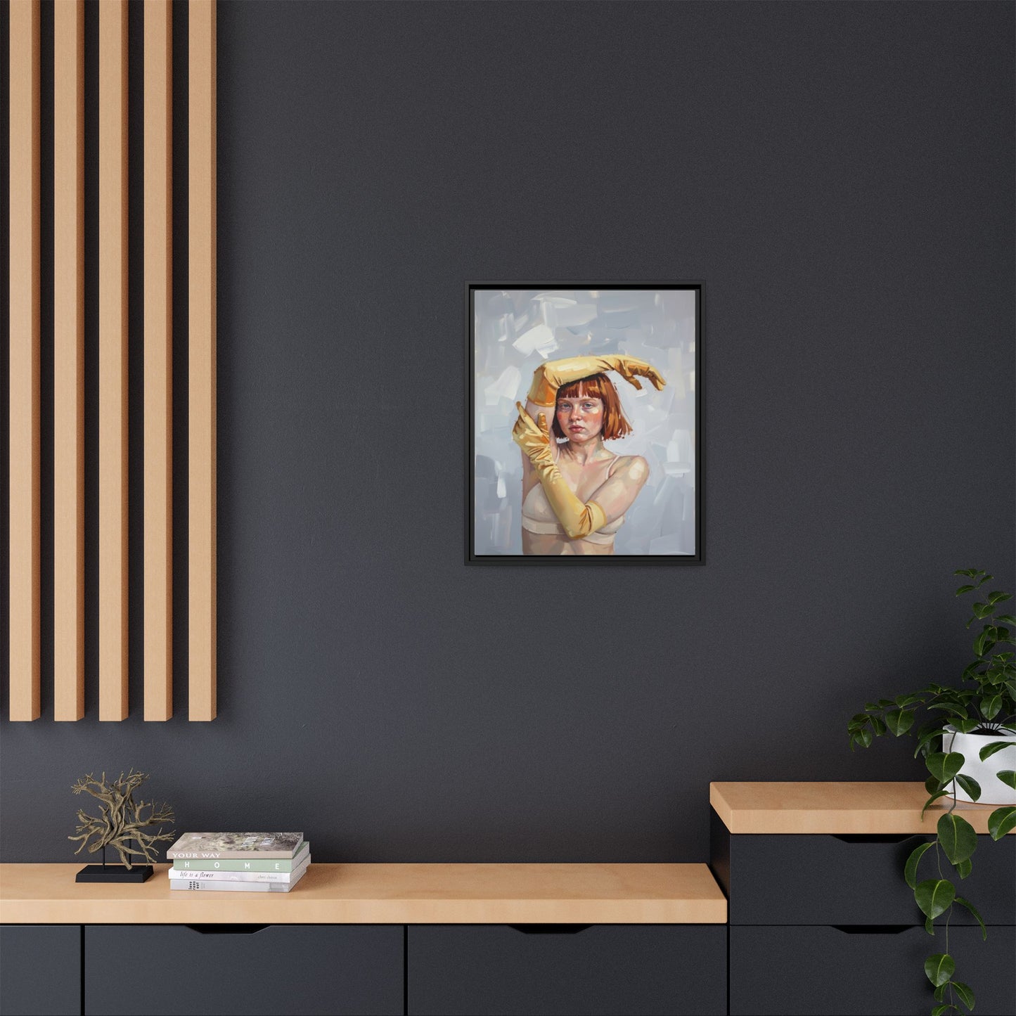 Contemporary Portrait Canvas Print — Woman with Yellow Gloves (Framed Matte)