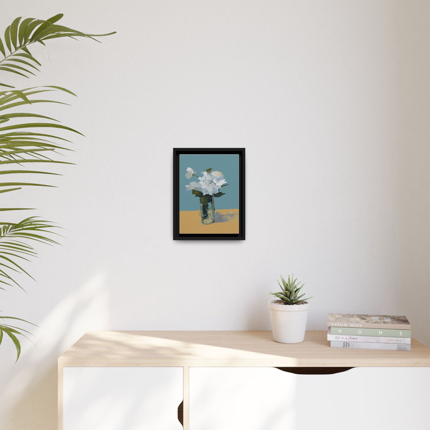 Framed Floral Still Life Canvas Art — Modern White Bouquet Wall Art
